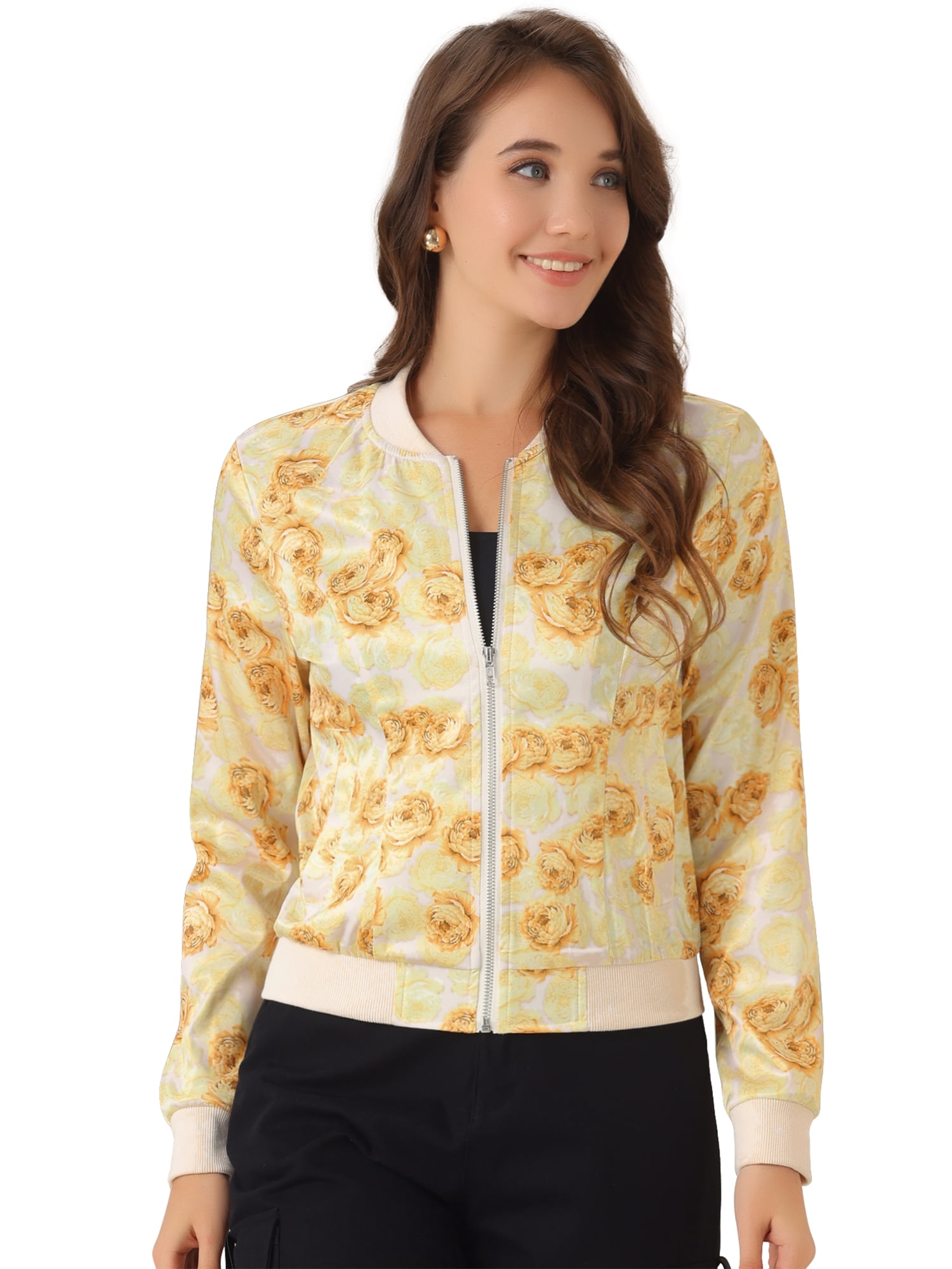 DARING DIVA Women's Stand Collar Front Zipper Satin Bomber Jacket M Yellow