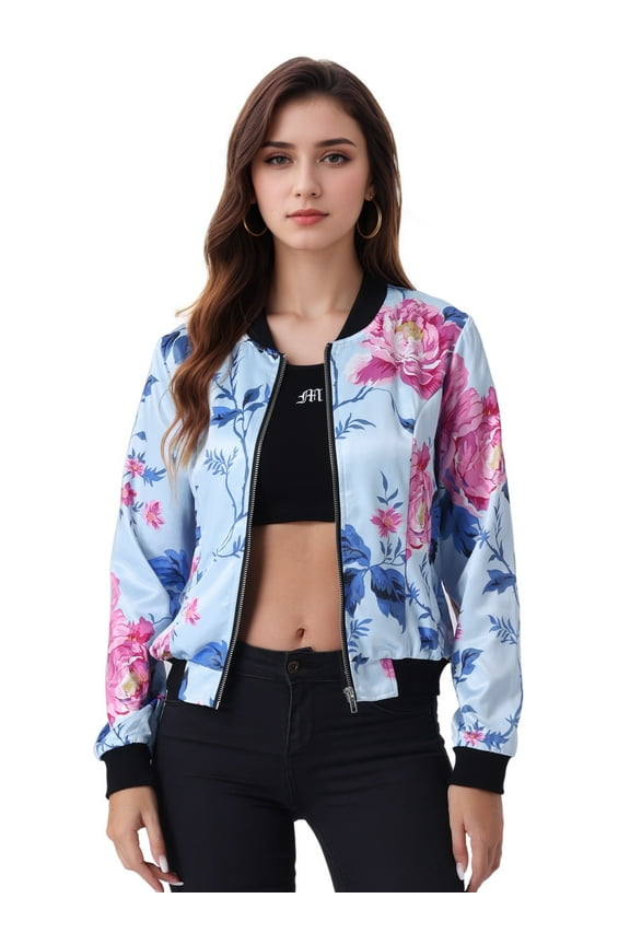 Women's Stand Collar Front Zipper Satin Bomber Jacket XS Light Blue