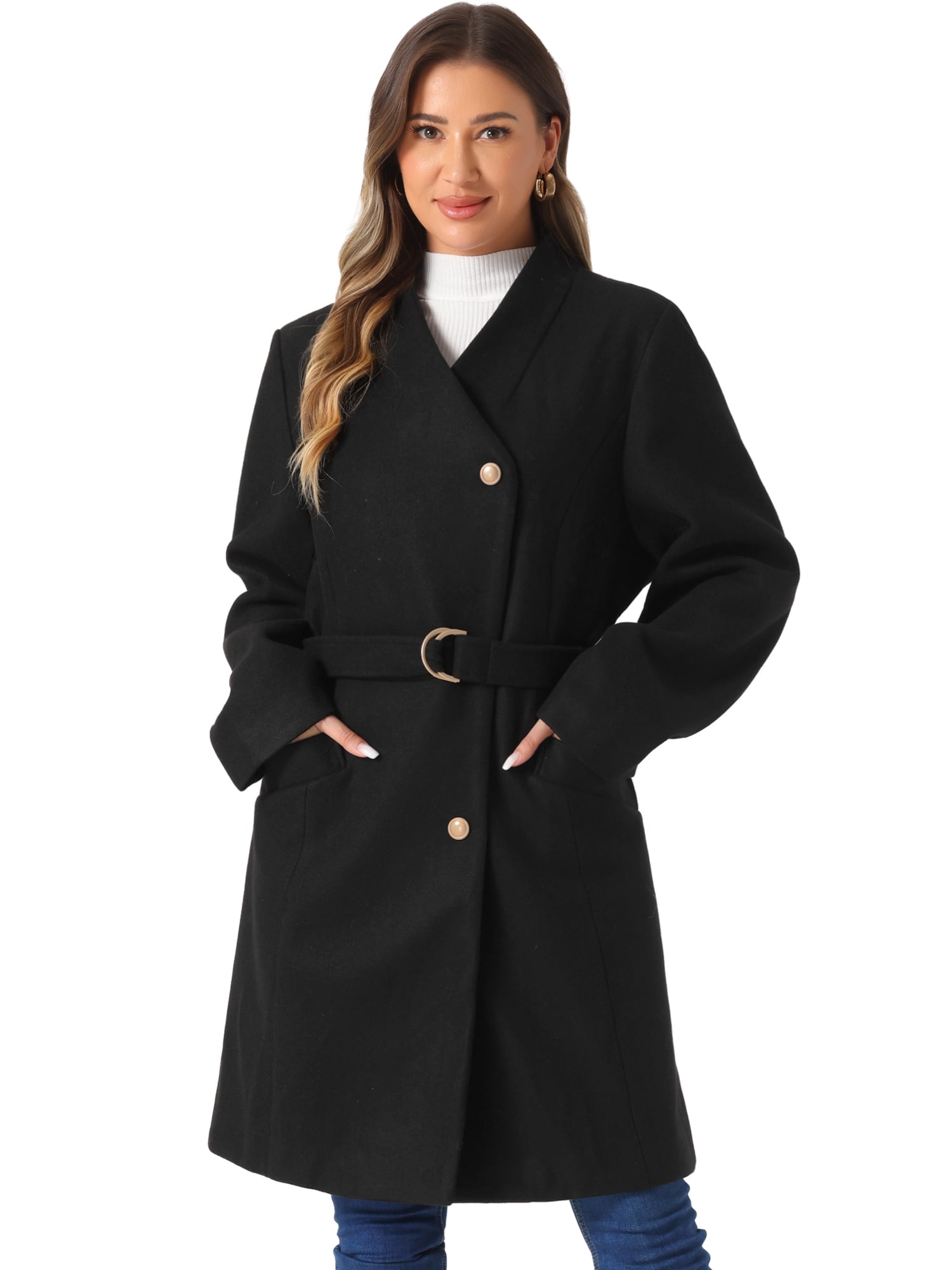 DARING DIVA Women's Stand Collar Long Sleeve Belted Pearl Button Midi Coat Black L