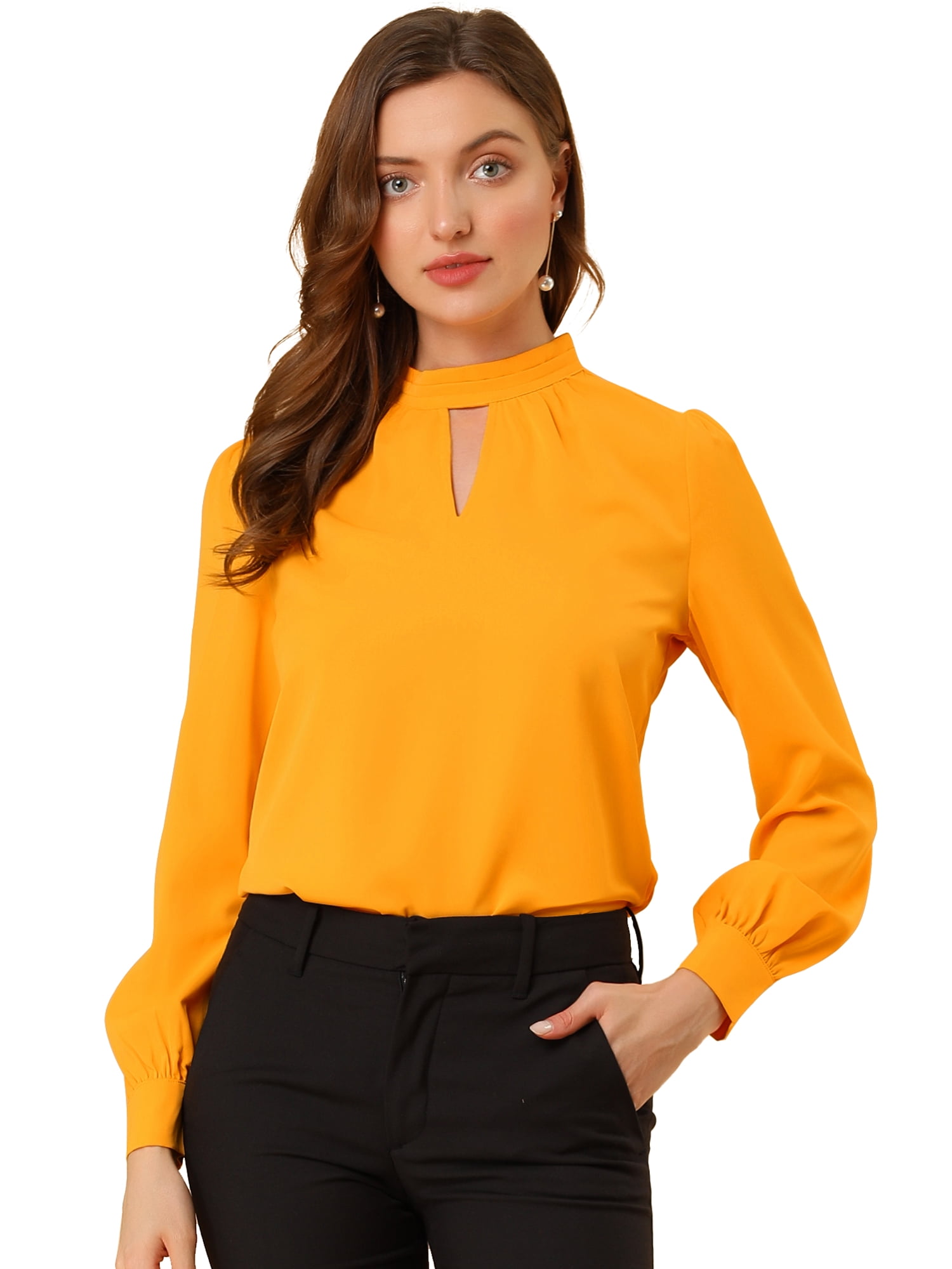 DARING DIVA Women's Stand Collar Long Sleeve Office Blouse 3XL Bright Yellow