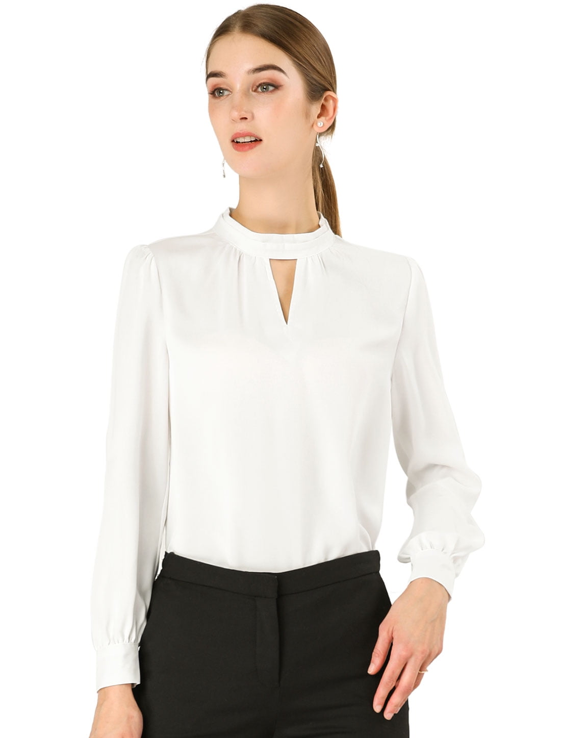 DARING DIVA Women's Stand Collar Long Sleeve Office Blouse 3XL White