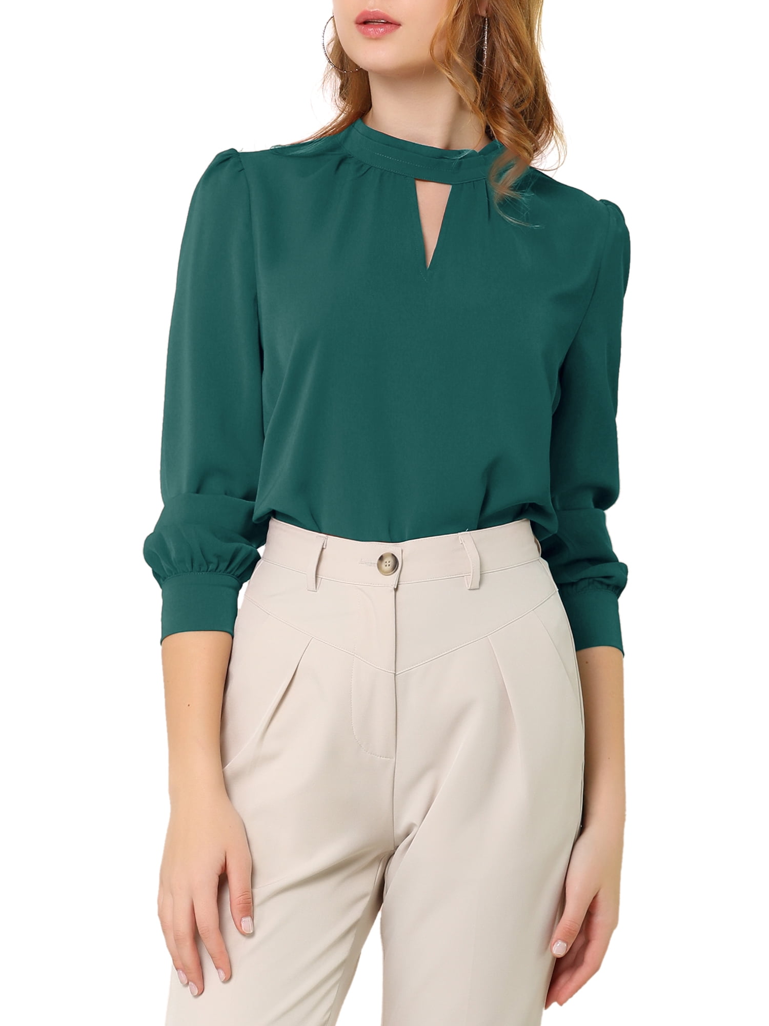 DARING DIVA Women's Stand Collar Long Sleeve Office Blouse L Deep Green