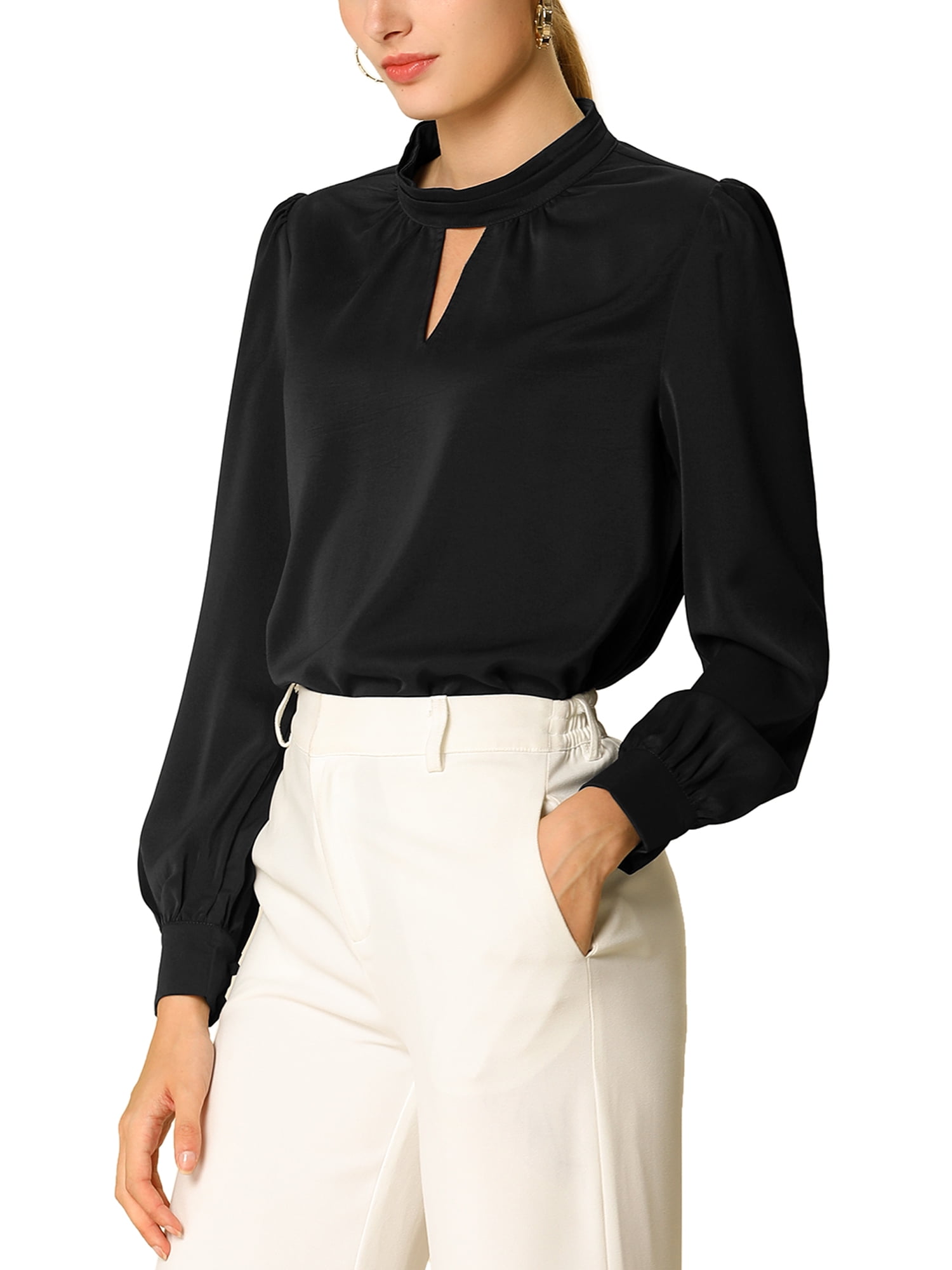 DARING DIVA Women's Stand Collar Long Sleeve Office Blouse M Black