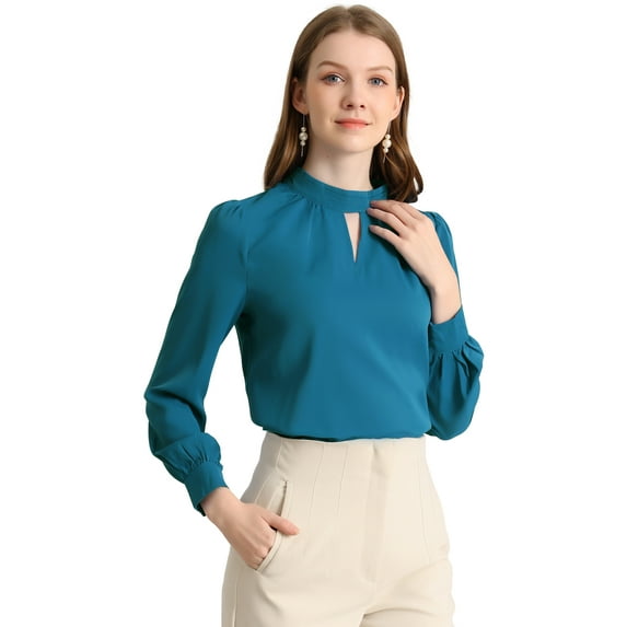 DARING DIVA Women's Stand Collar Long Sleeve Office Blouse M Peacock Blue