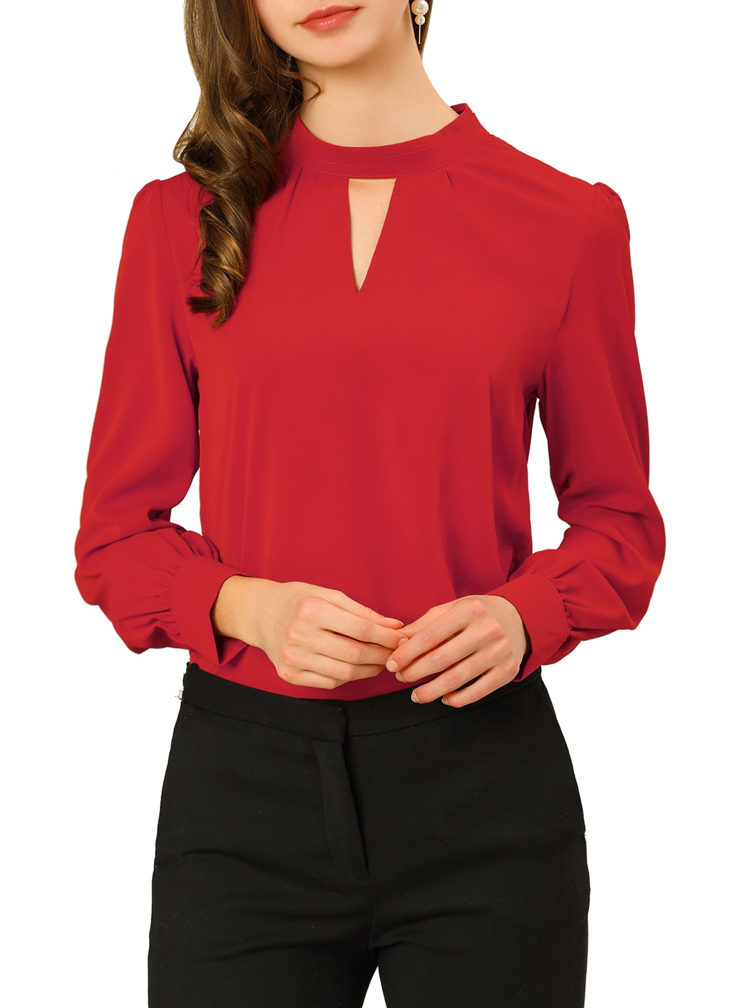 DARING DIVA Women's Stand Collar Long Sleeve Office Blouse M Red