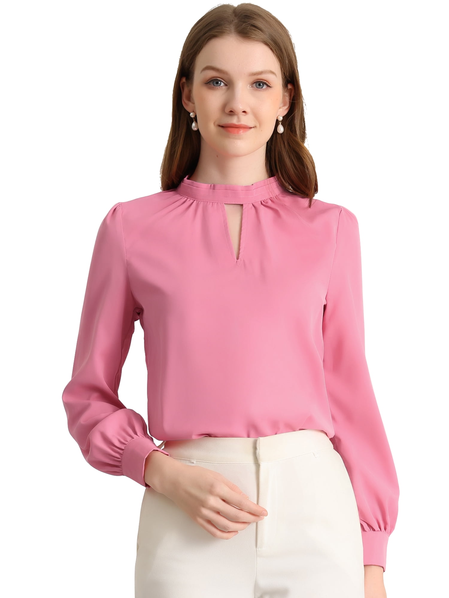 DARING DIVA Women's Stand Collar Long Sleeve Office Blouse M Rose Pink