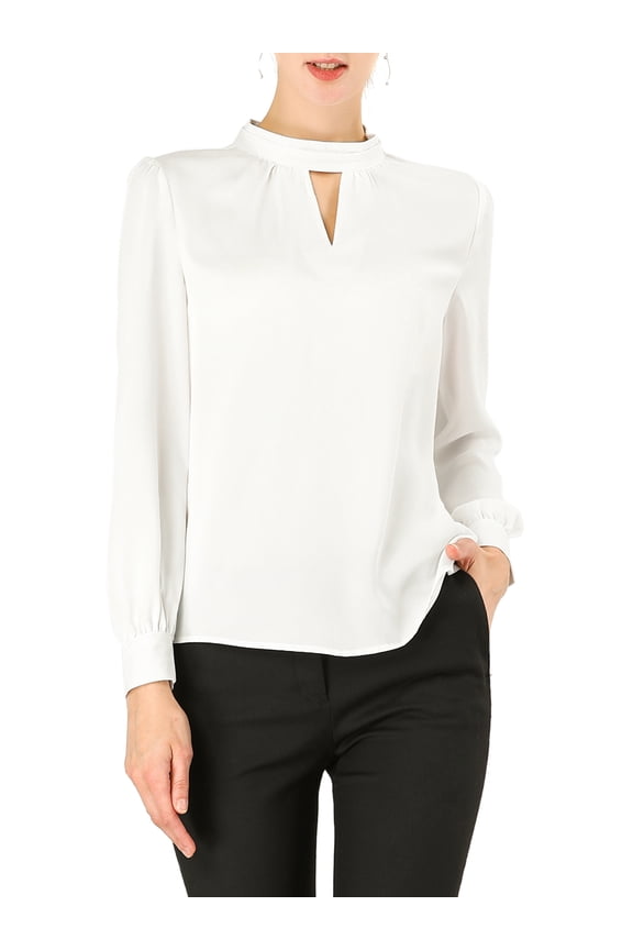 Women's Stand Collar Long Sleeve Office Blouse M White