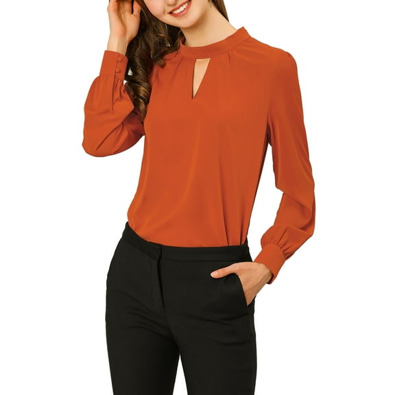 DARING DIVA Women's Stand Collar Long Sleeve Office Blouse S Brown Red
