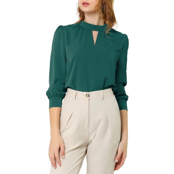 DARING DIVA Women's Stand Collar Long Sleeve Office Blouse S Deep Green