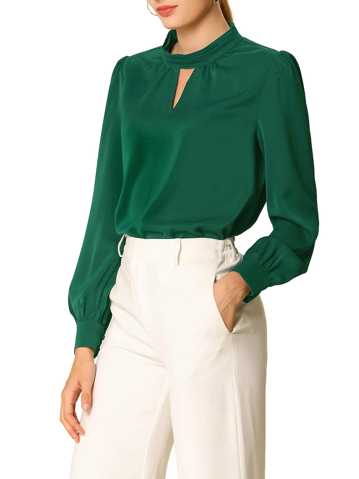 DARING DIVA Women's Stand Collar Long Sleeve Office Blouse S Green
