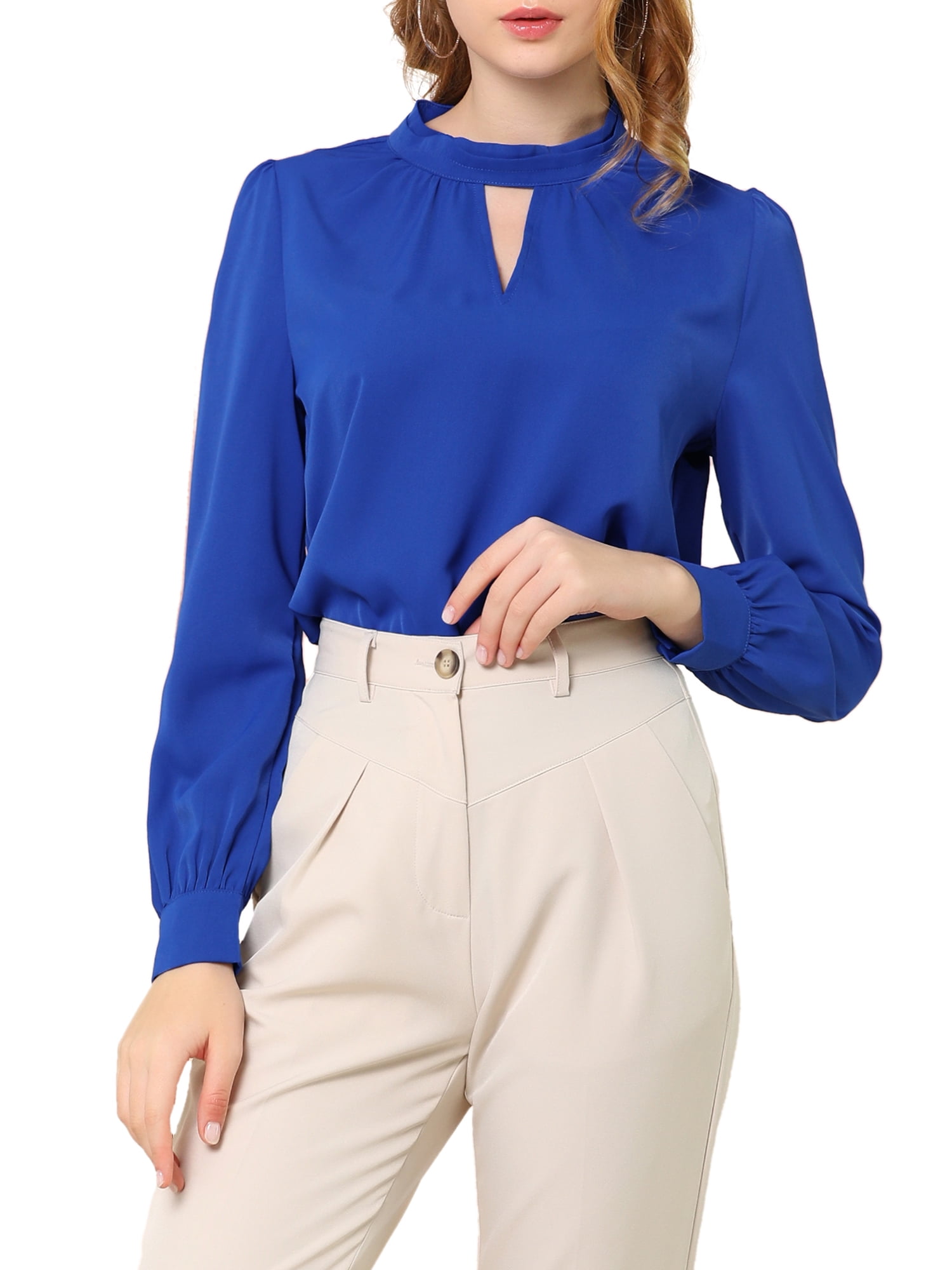DARING DIVA Women's Stand Collar Long Sleeve Office Blouse S Royal Blue