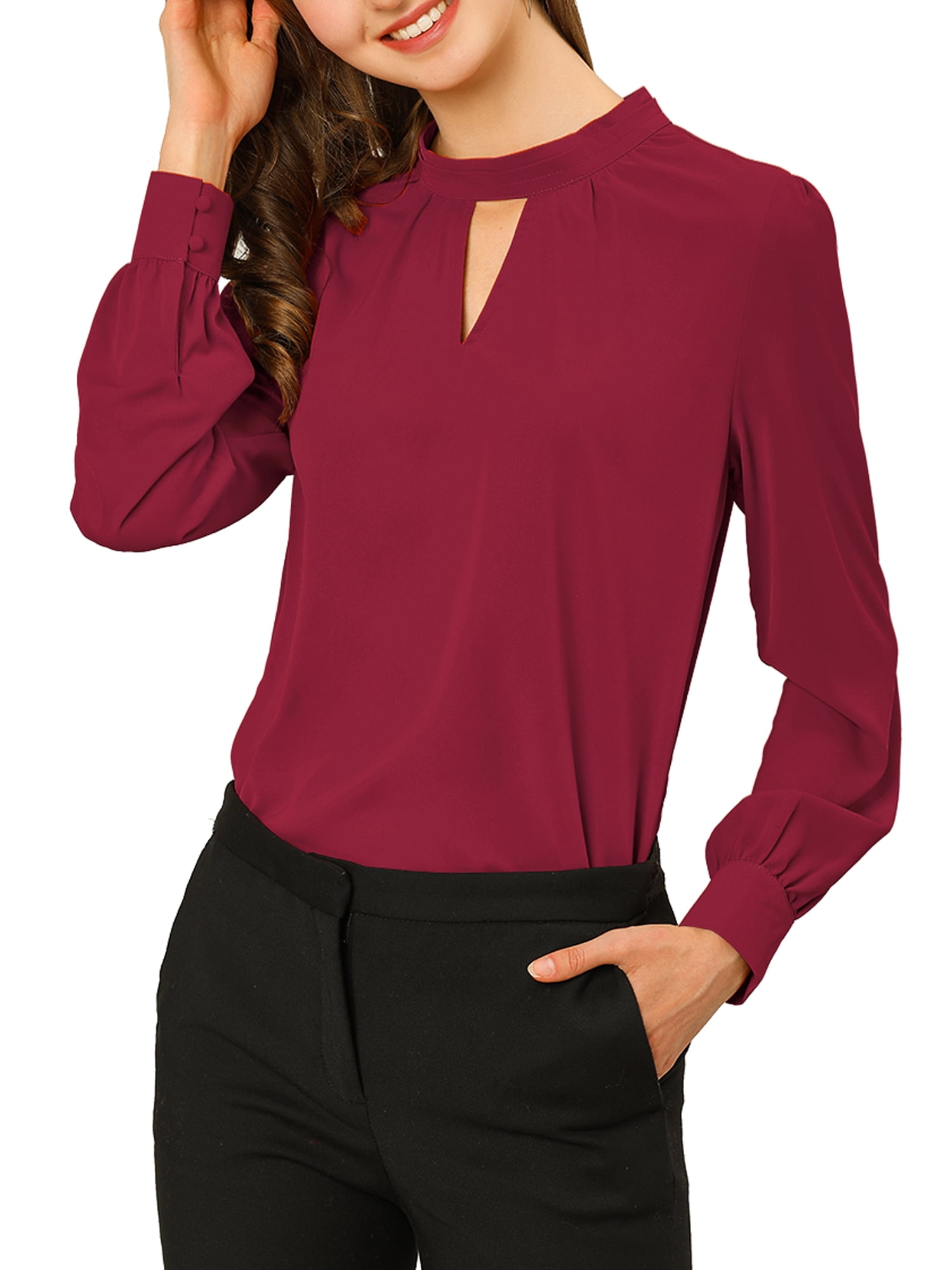 DARING DIVA Women's Stand Collar Long Sleeve Office Blouse XL Burgundy