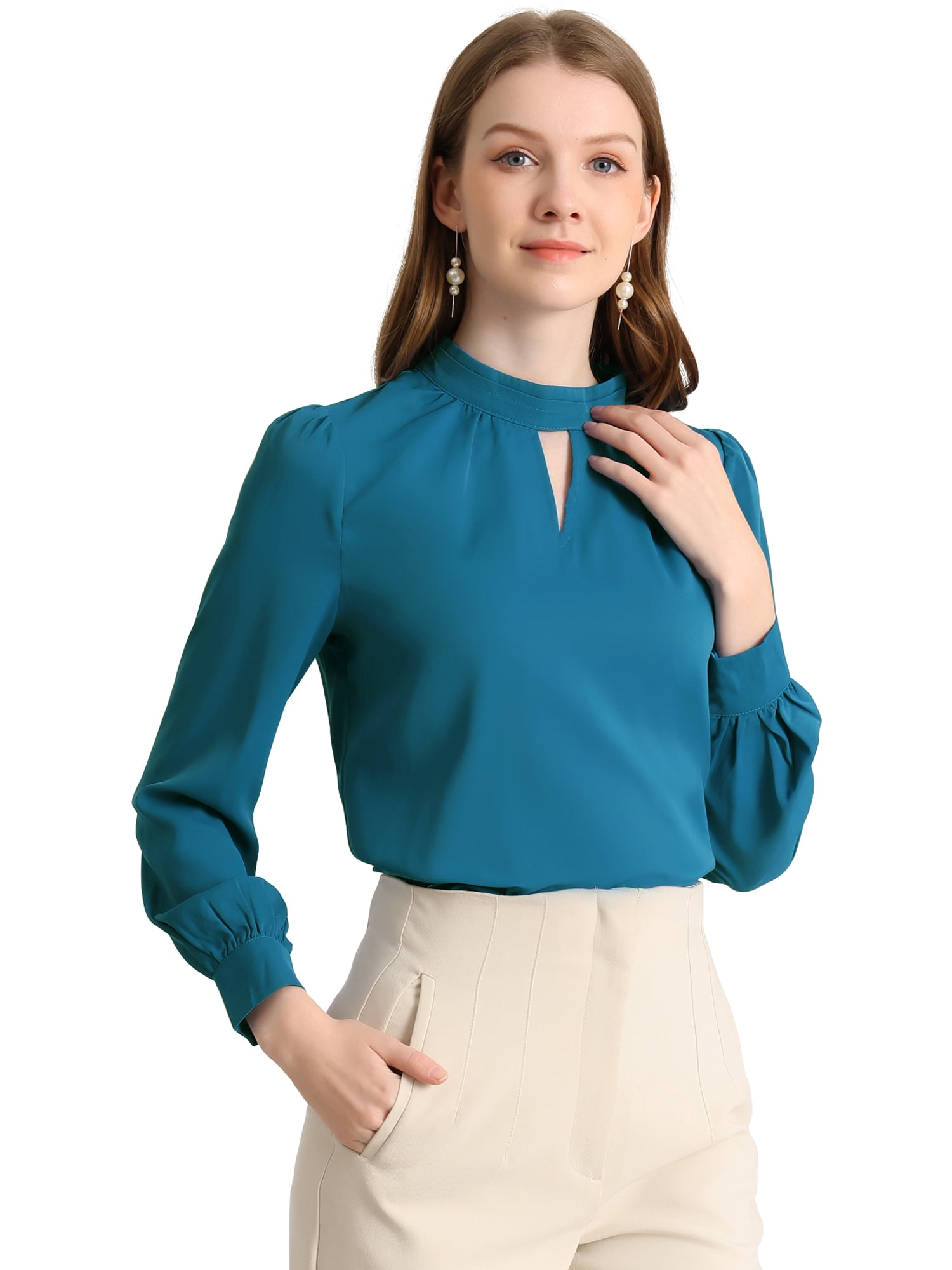 DARING DIVA Women's Stand Collar Long Sleeve Office Blouse XL Peacock Blue