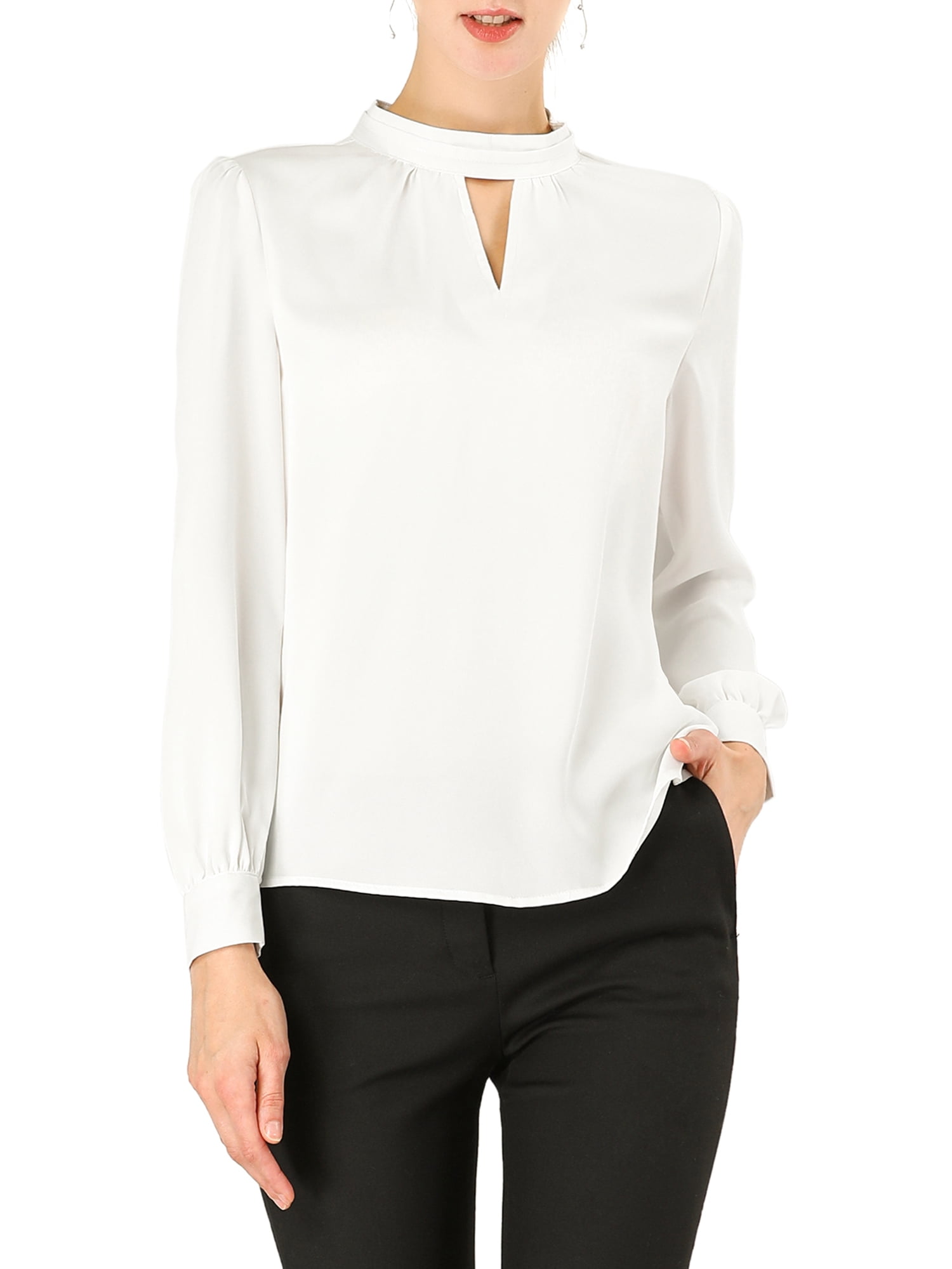 DARING DIVA Women's Stand Collar Long Sleeve Office Blouse XL White