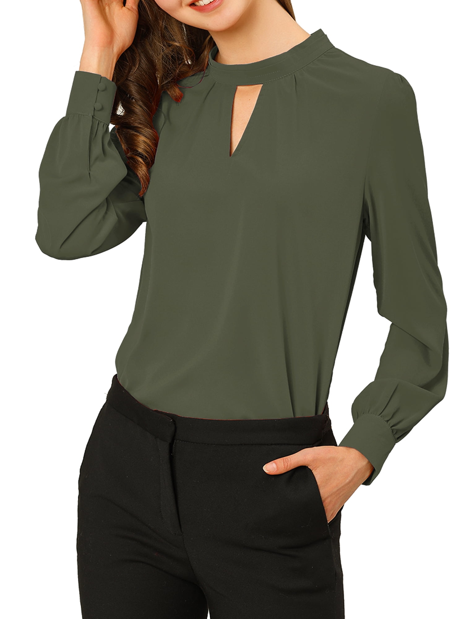 DARING DIVA Women's Stand Collar Long Sleeve Office Blouse XS Dark Green