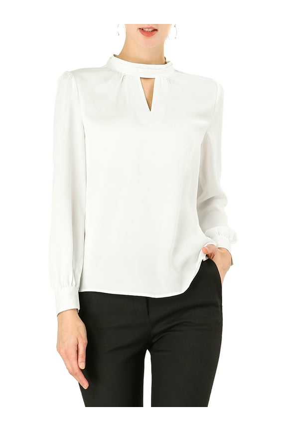 Women's Stand Collar Long Sleeve Office Blouse XS White