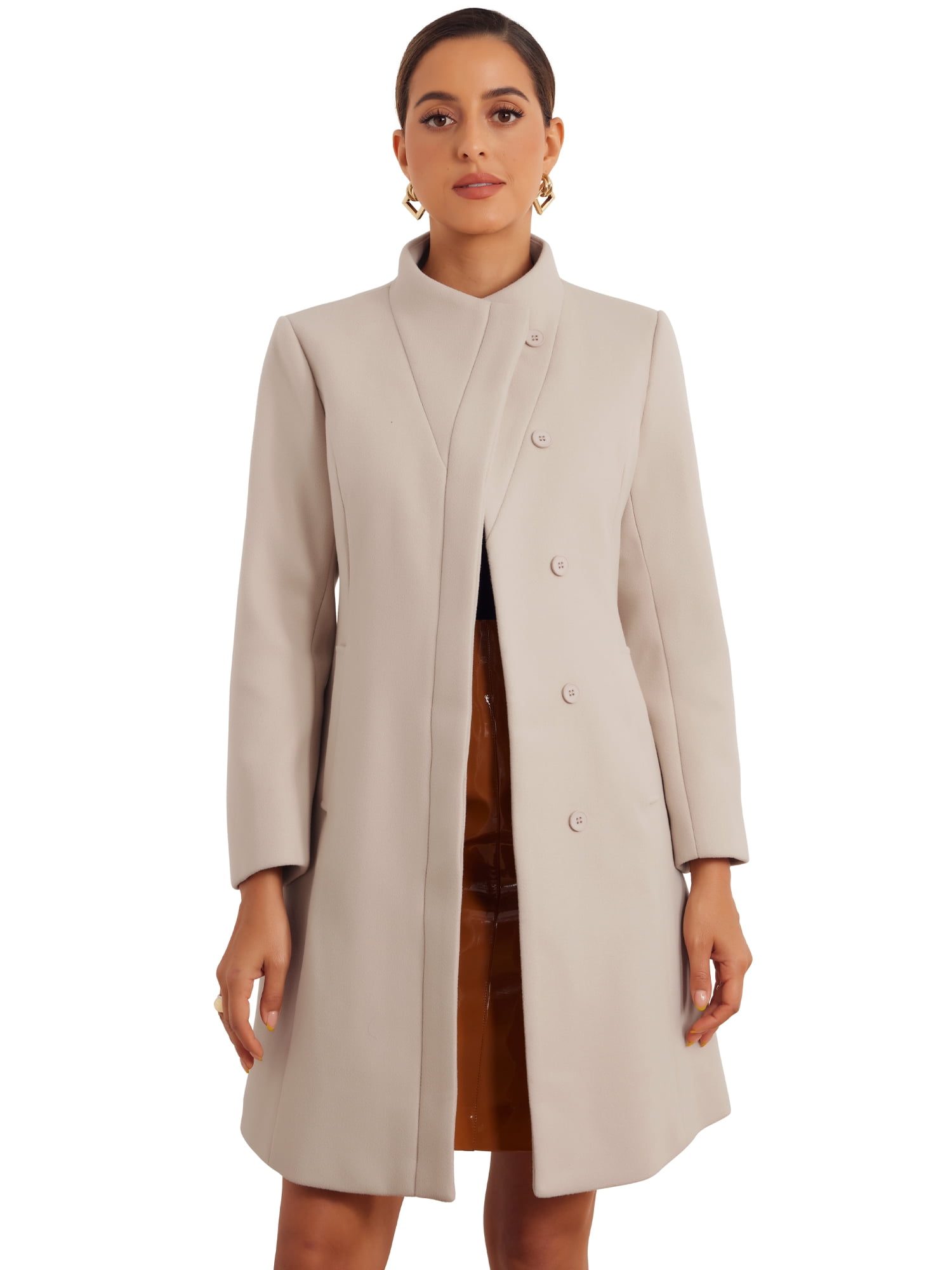 DARING DIVA Women's Stylish Peacoat Wrap Collar 2024 Winter Trench Long Coat L Beige