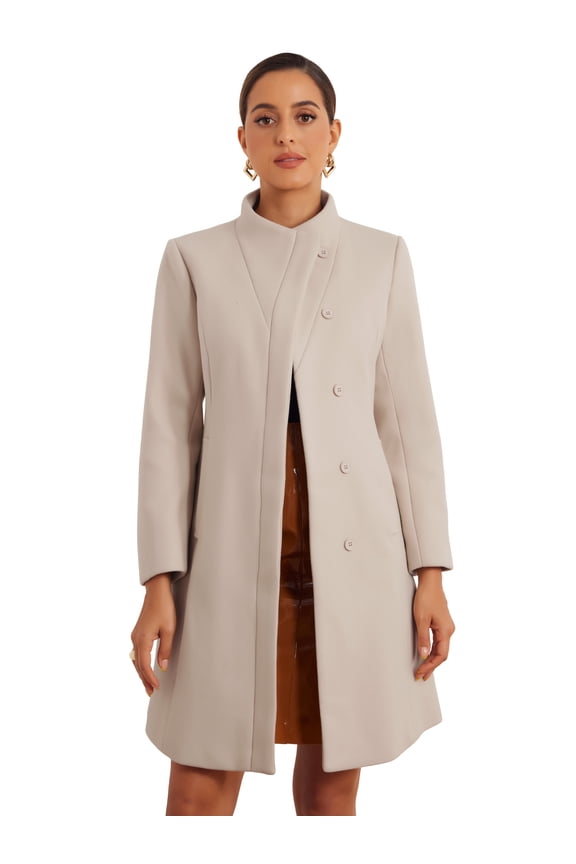 Women's Stand Collar Long Sleeve Winter Trench Coat M Beige