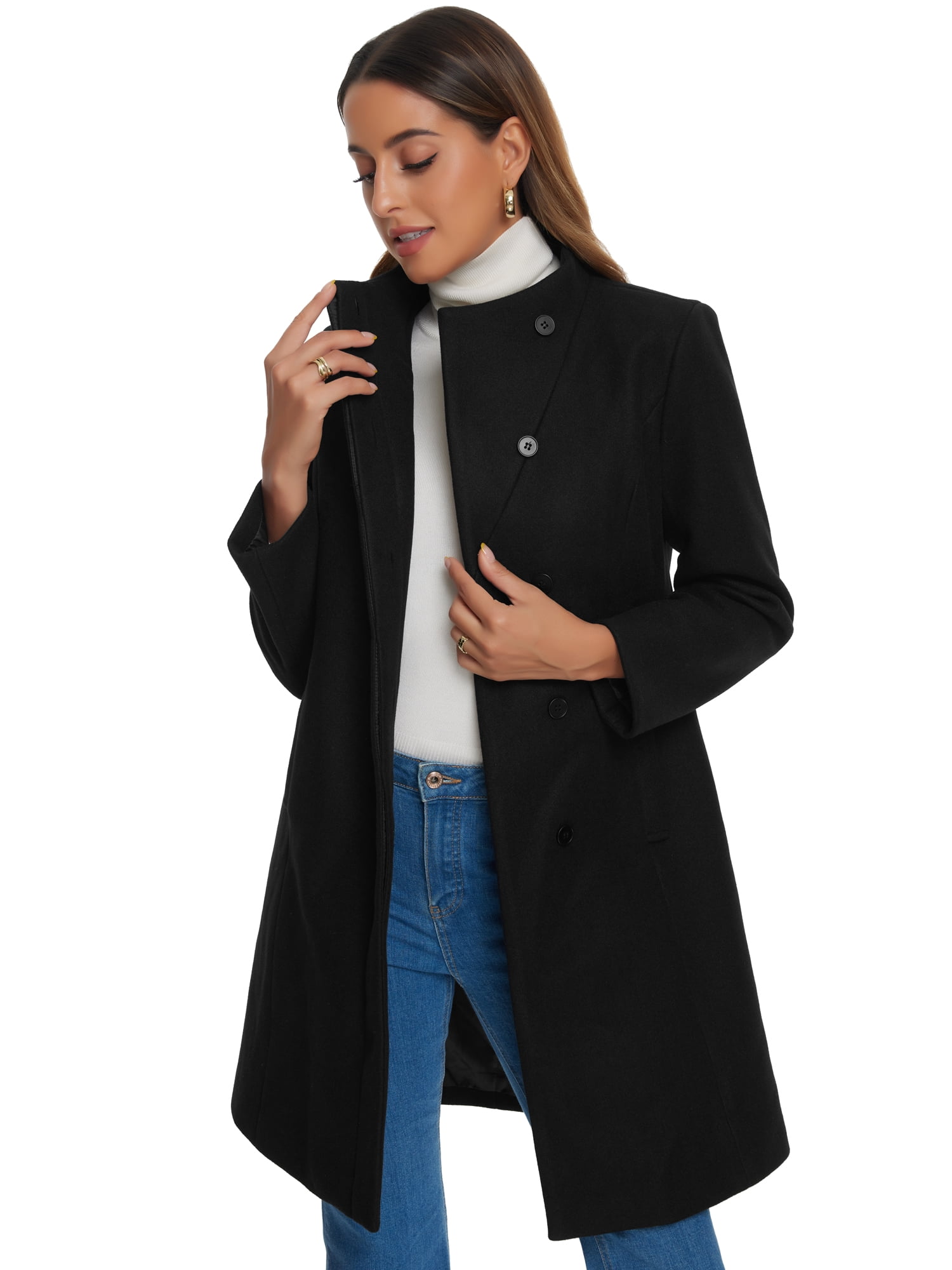 DARING DIVA Women's Stylish Peacoat Wrap Collar 2024 Winter Trench Long Coat M Black