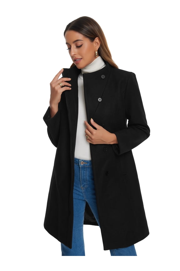 Women's Stand Collar Long Sleeve Winter Trench Coat M Black