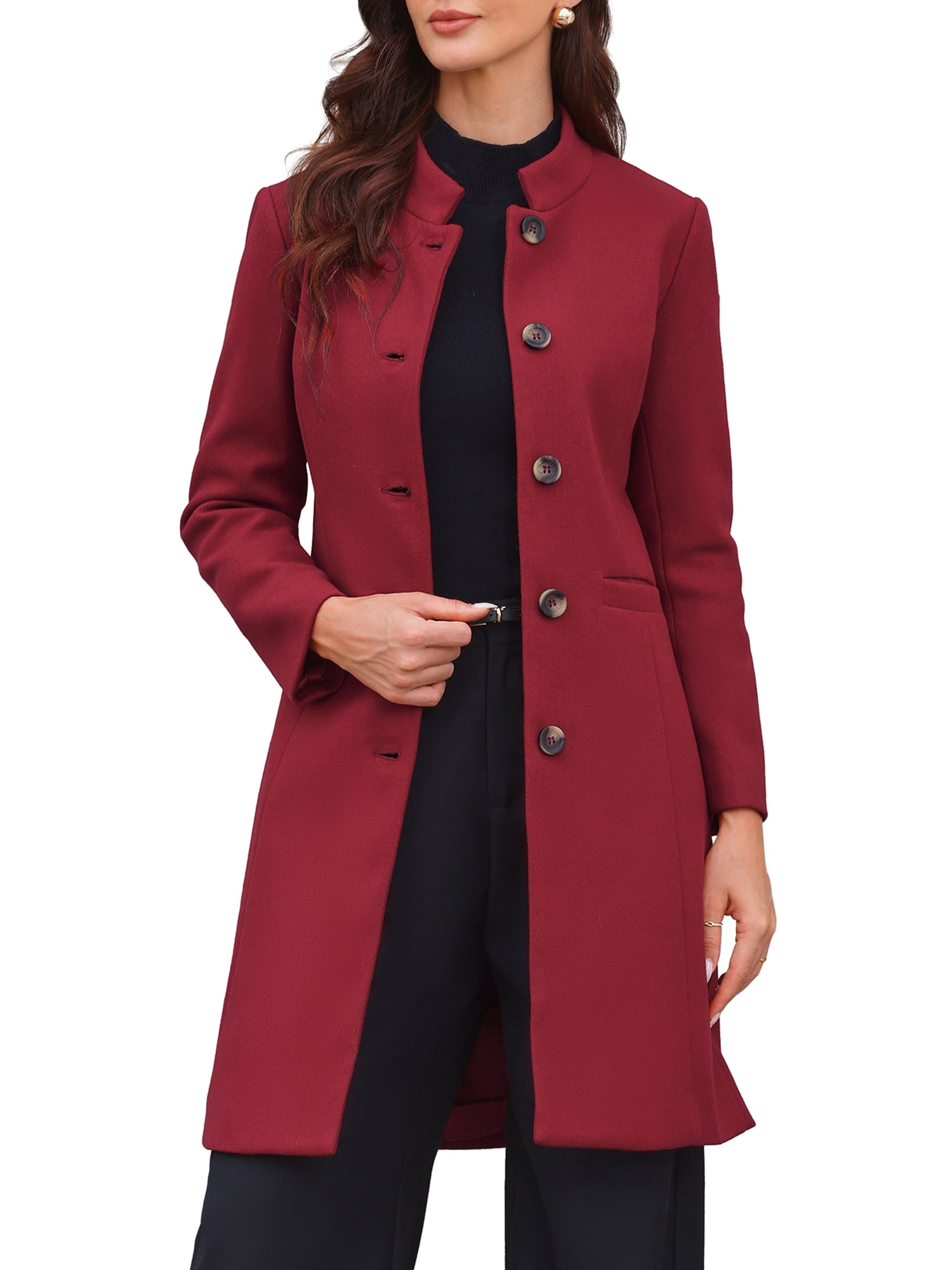 DARING DIVA Women's Stand Collar Mid-Length Overcoat with Pockets L Dark Red