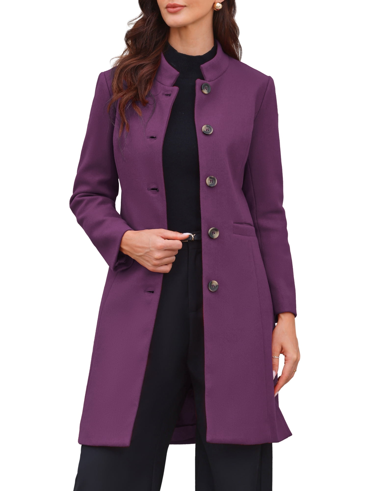 DARING DIVA Women's Stand Collar Mid-Length Overcoat with Pockets L Purple