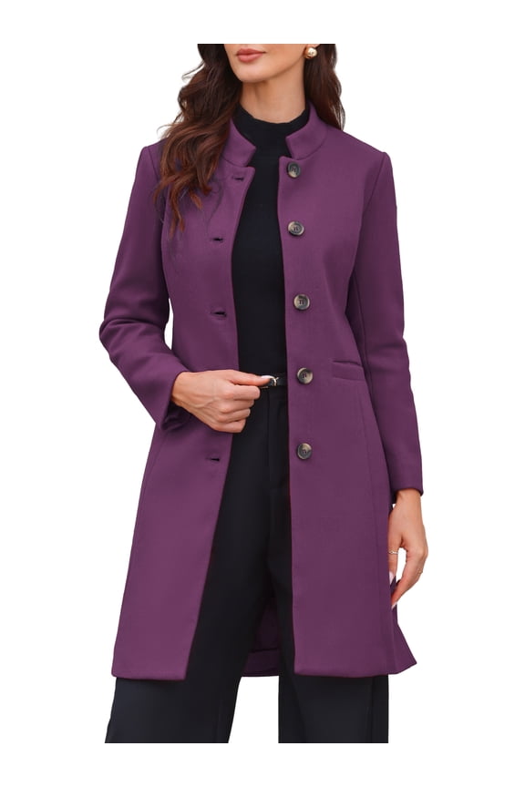 Women's Stand Collar Mid-Length Overcoat with Pockets M Purple