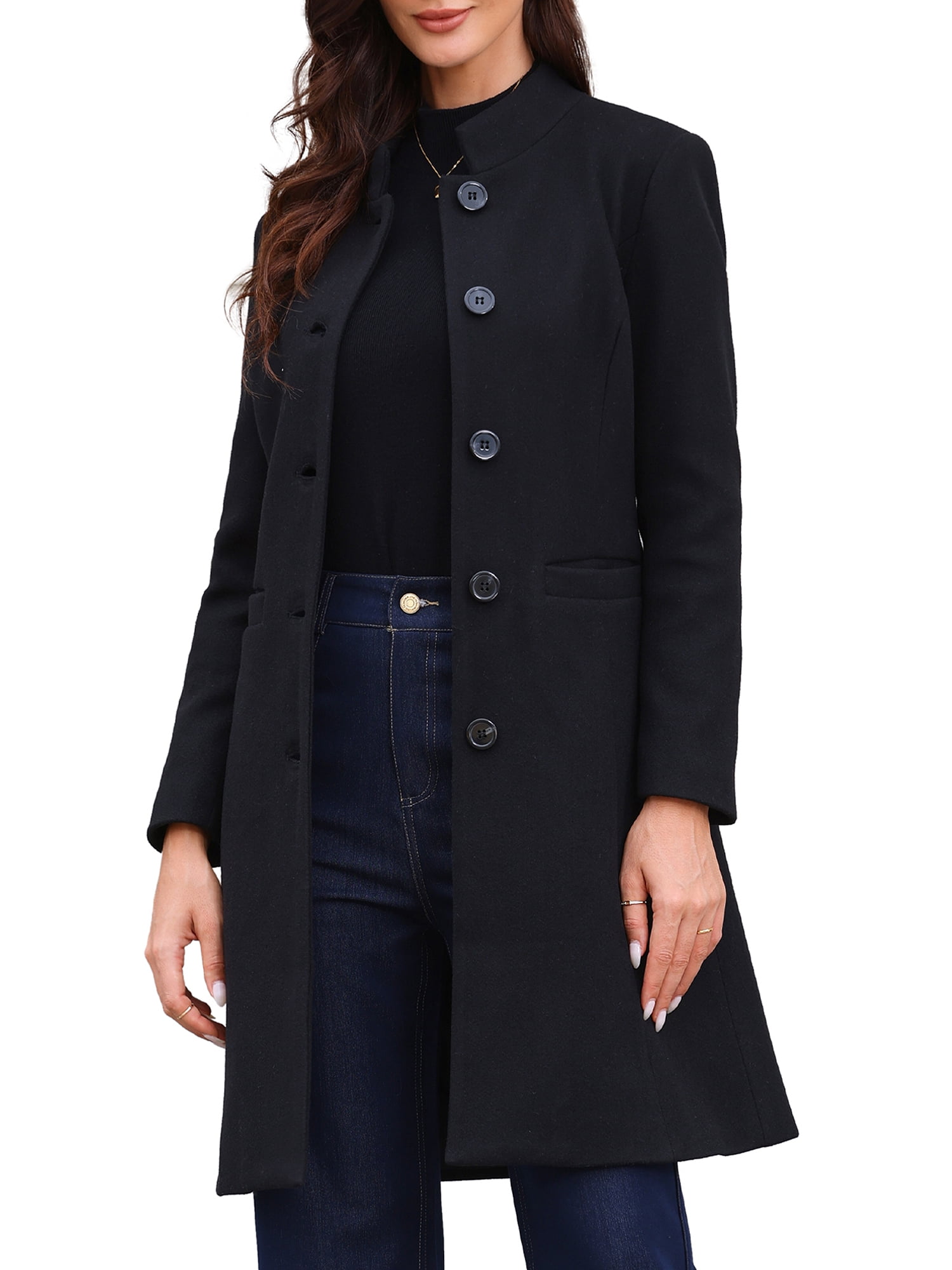 DARING DIVA Women's Stand Collar Mid-Length Overcoat with Pockets S Black