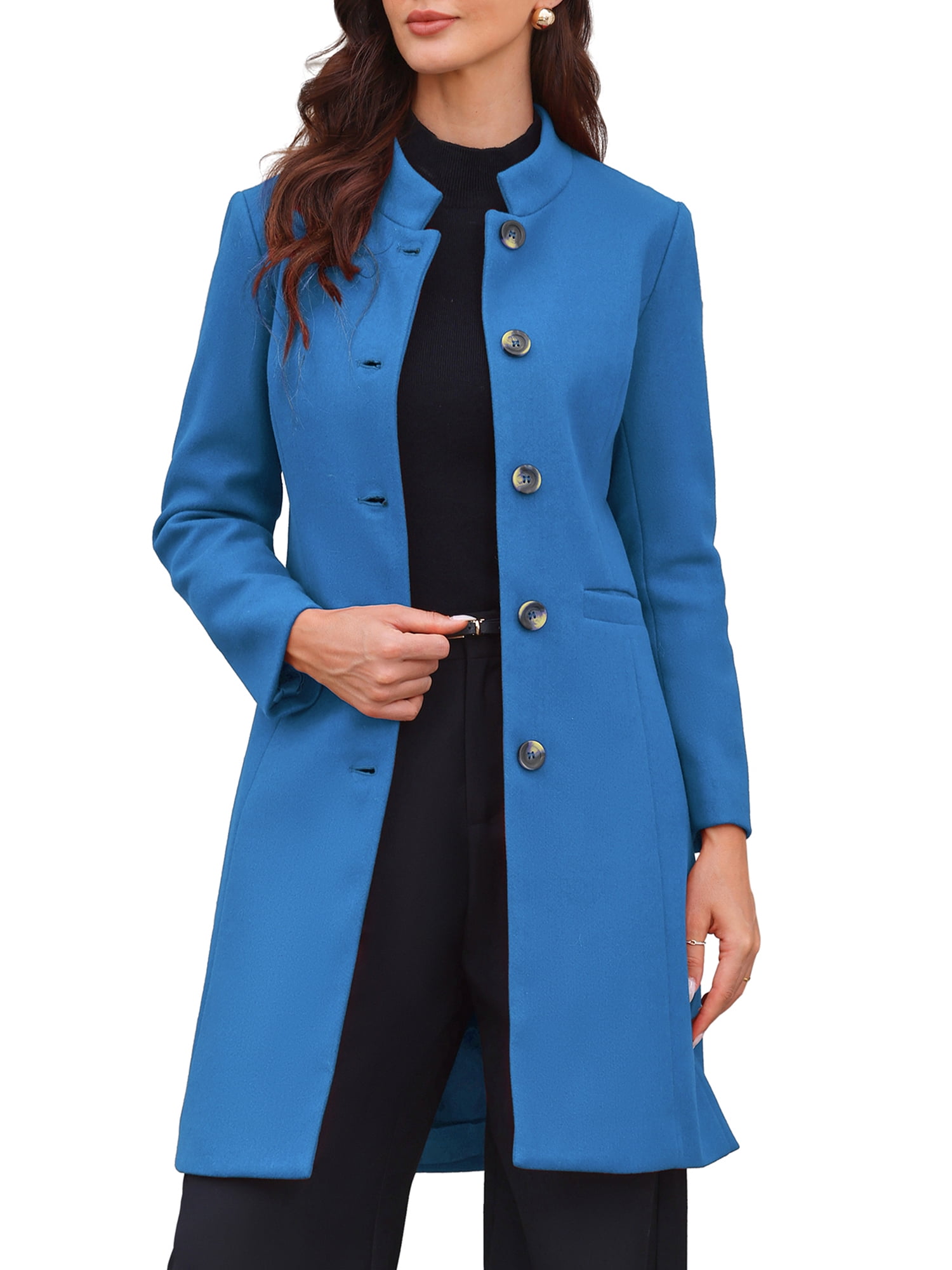 DARING DIVA Women's Stand Collar Mid-Length Overcoat with Pockets S Blue