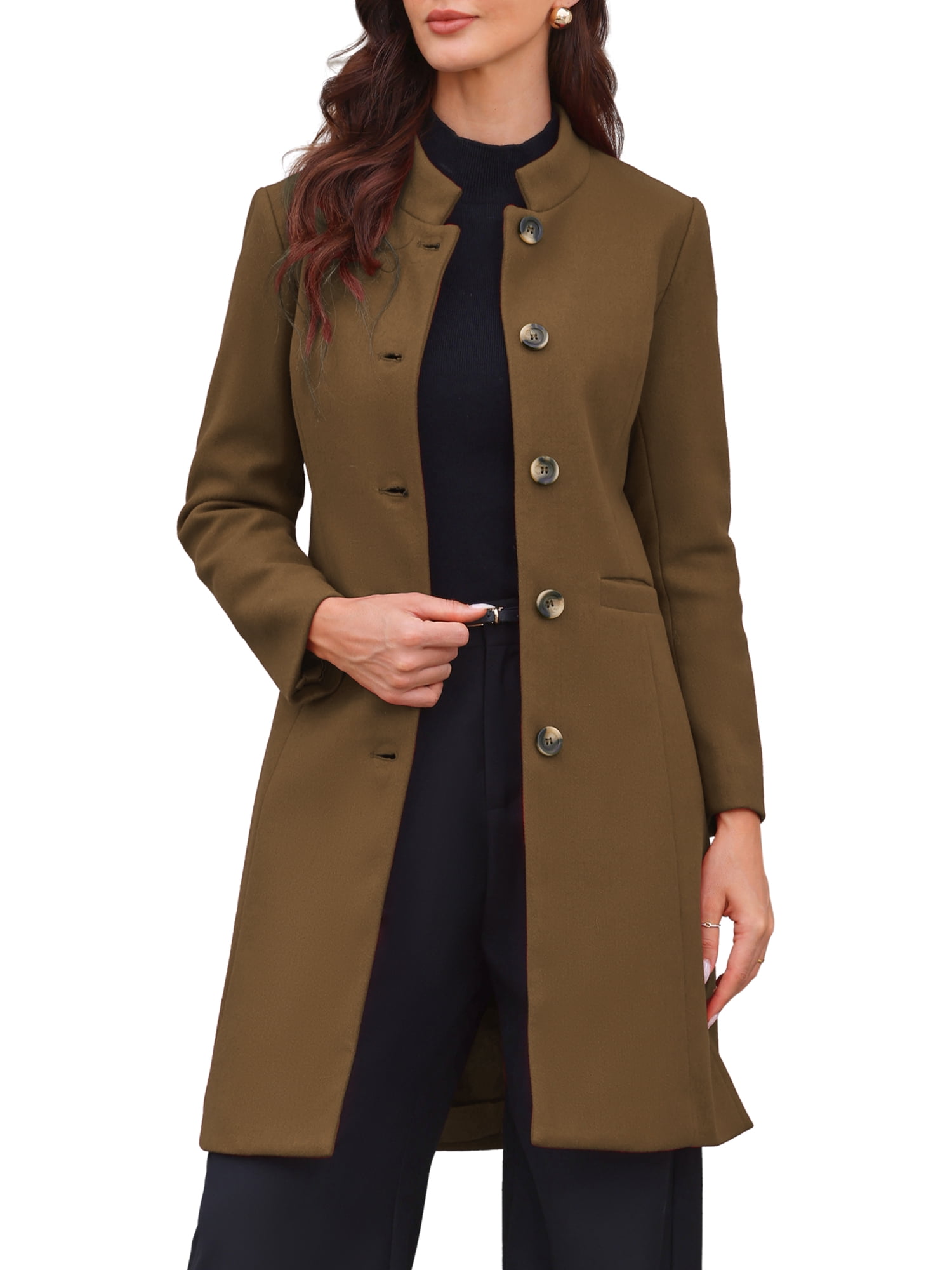 DARING DIVA Women's Stand Collar Mid-Length Overcoat with Pockets S Brown