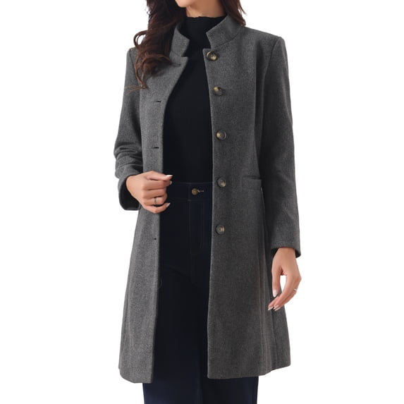 DARING DIVA Women's Stand Collar Mid-Length Overcoat with Pockets S Grey