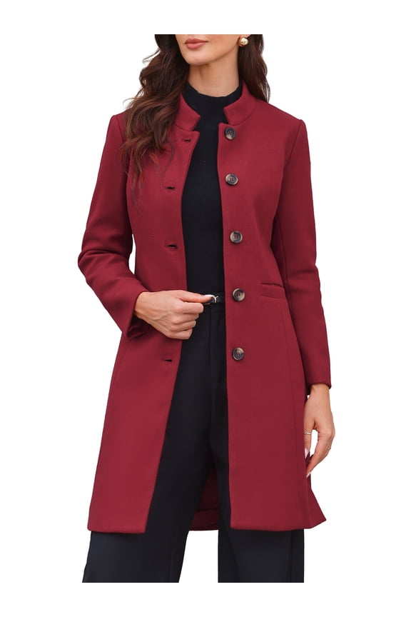 Women's Stand Collar Mid-Length Overcoat with Pockets XL Dark Red