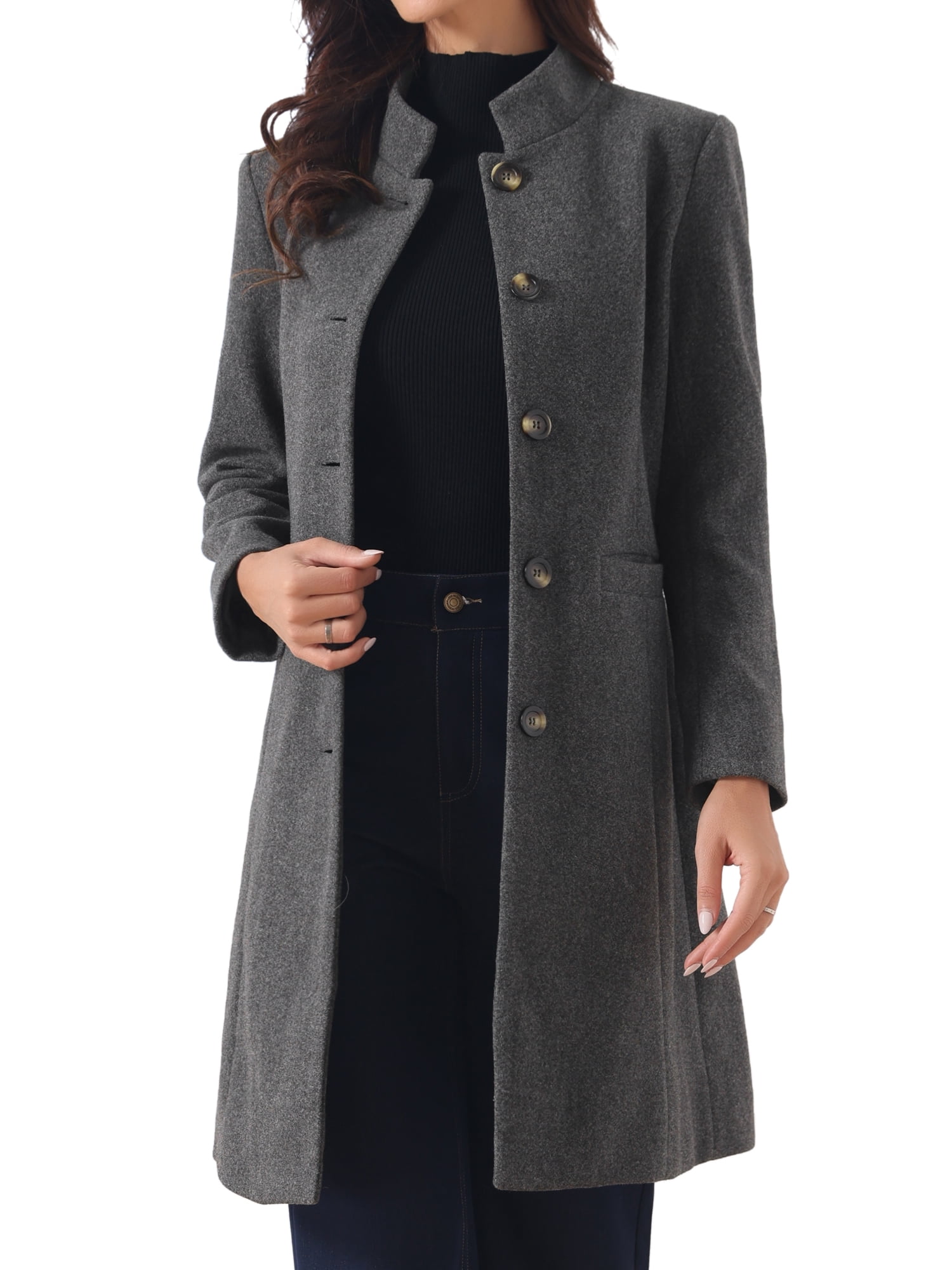 DARING DIVA Women's Stand Collar Mid-Length Overcoat with Pockets XL Grey