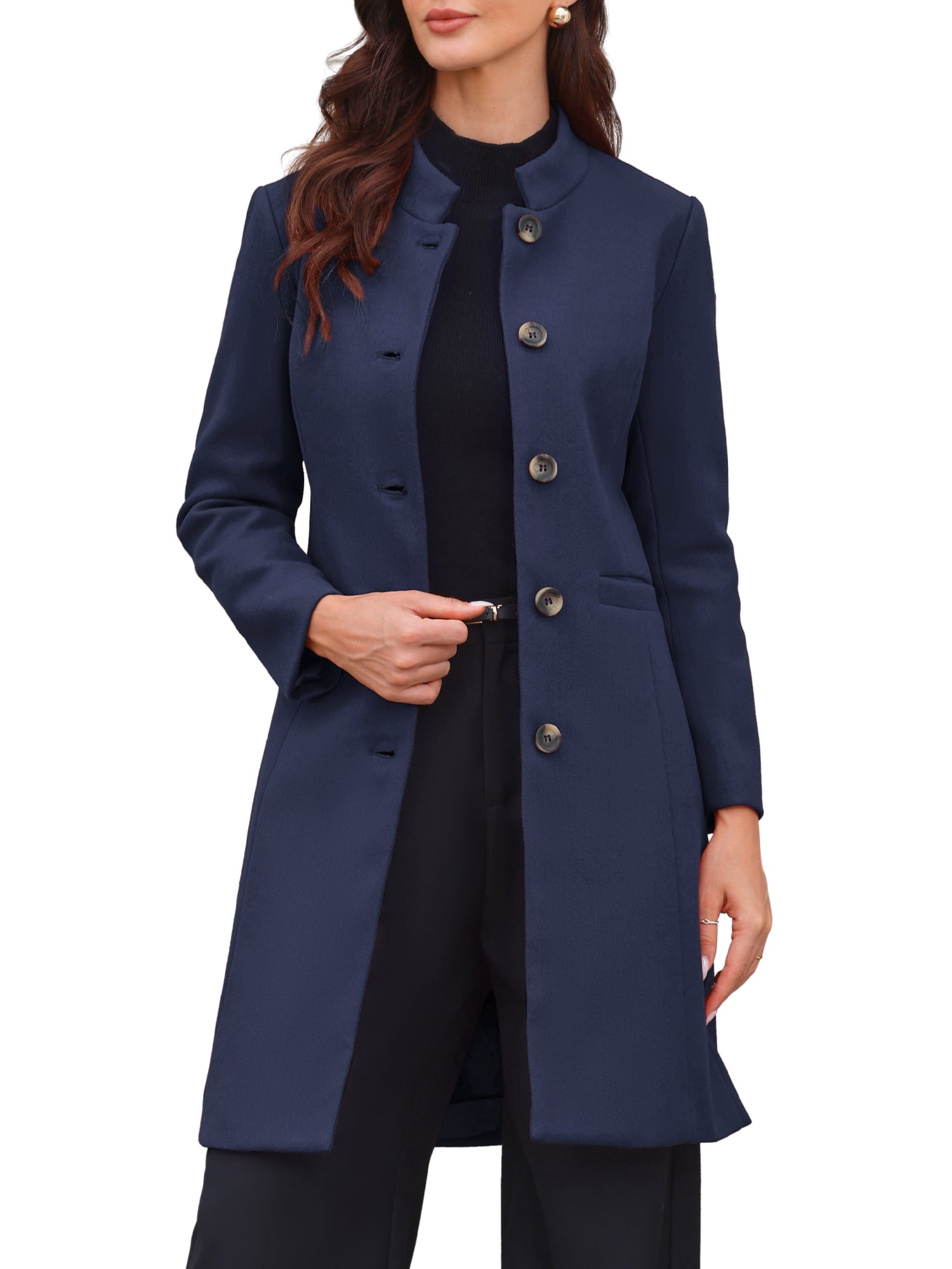 DARING DIVA Women's Stand Collar Mid-Length Overcoat with Pockets XS Navy Blue