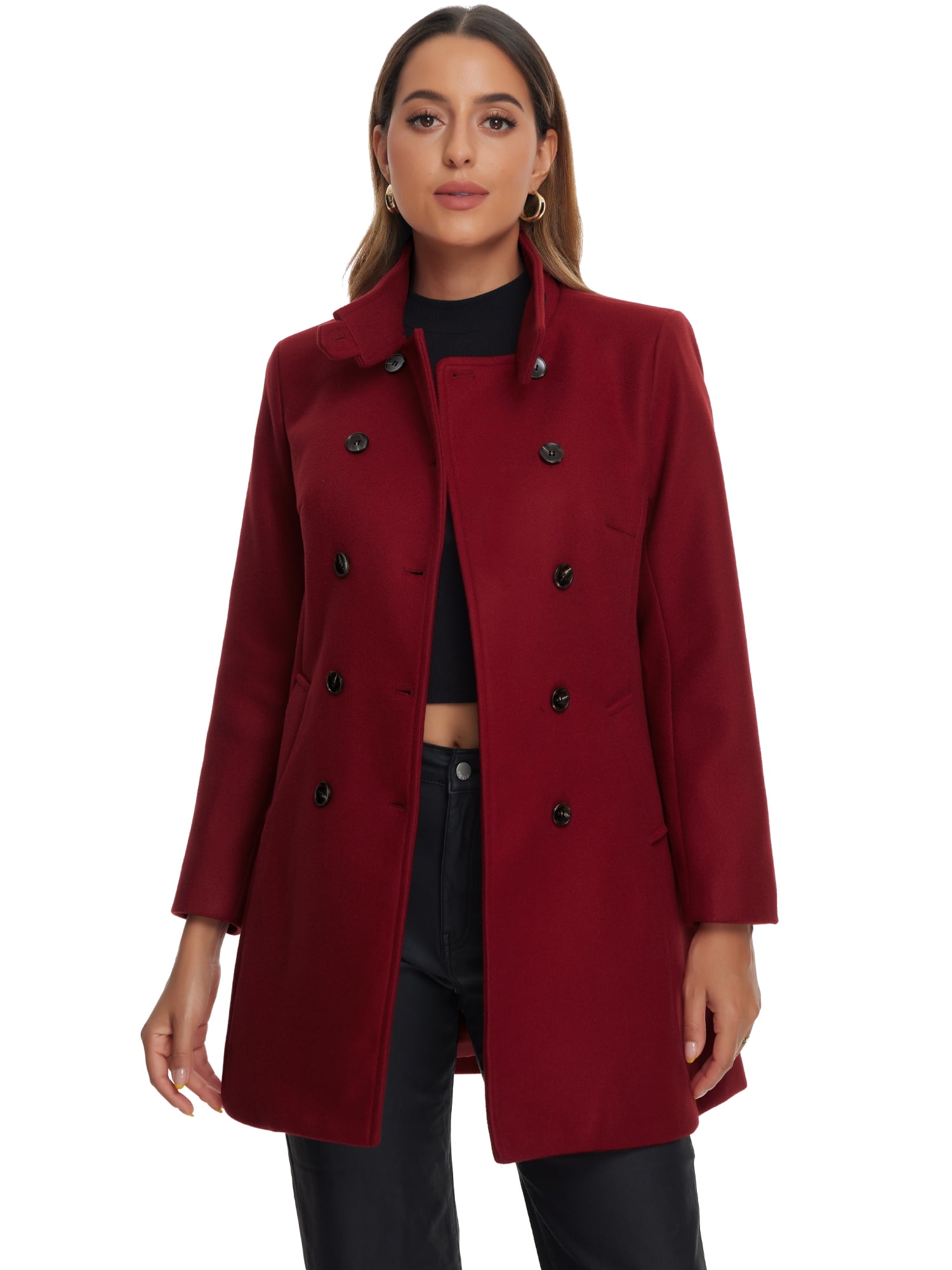 DARING DIVA Women's Winter Trench Casual Stand Collar Pea Double Breasted Overcoat S Burgundy