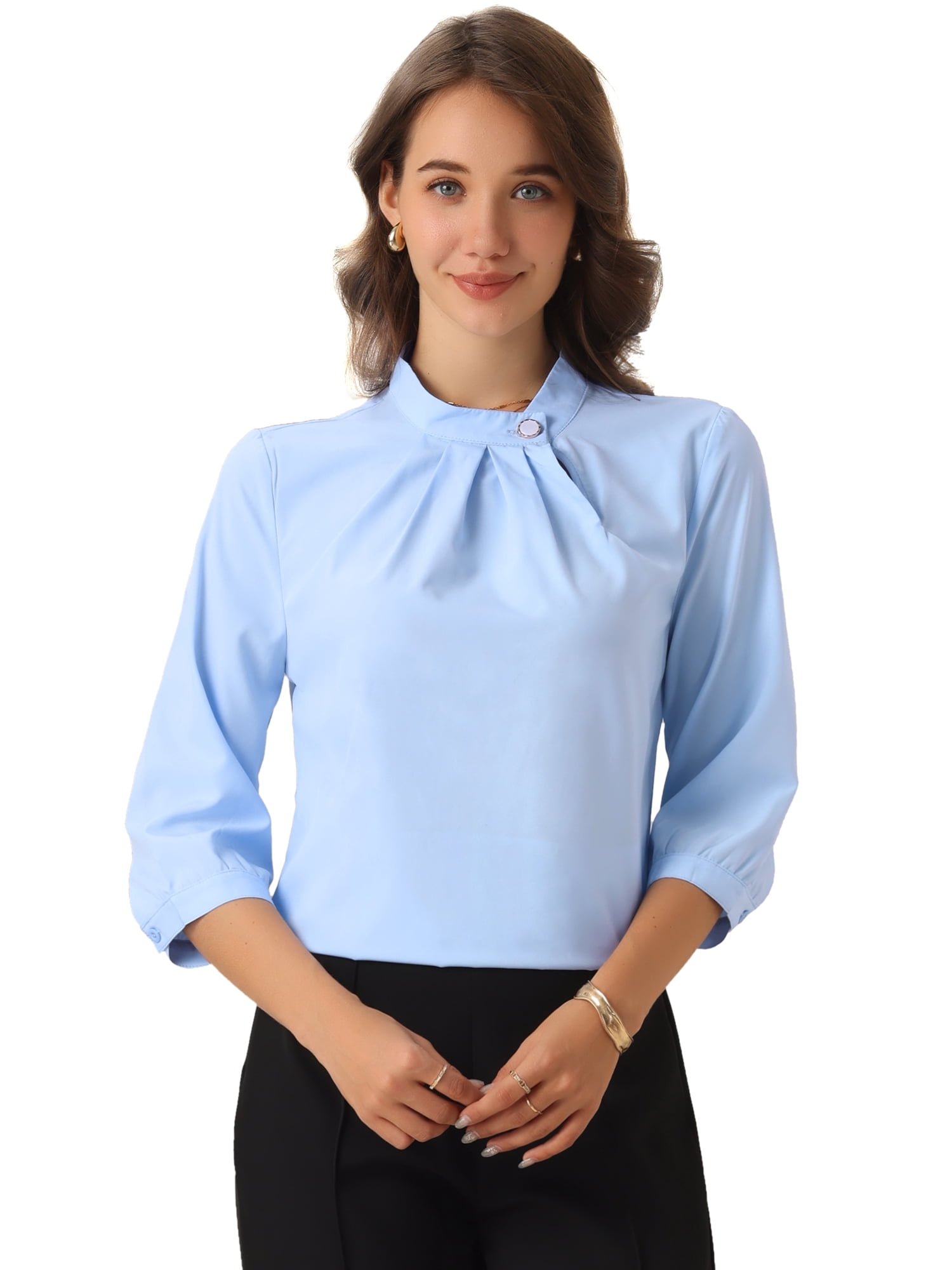 DARING DIVA Women's Stand Collar Ruched 3/4 Sleeve Blouses S Blue