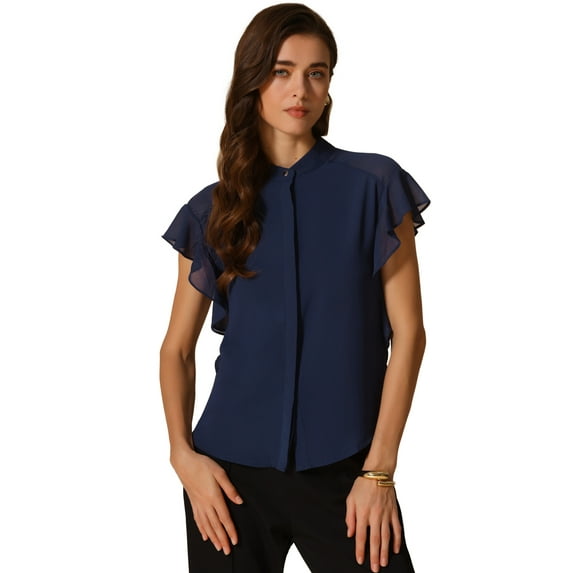 DARING DIVA Women's Stand Collar Ruffle Sleeve Blouse M Navy Blue