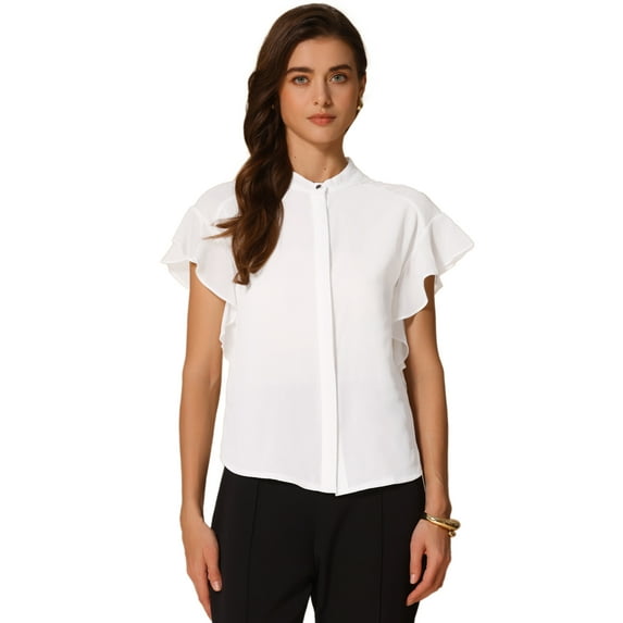 DARING DIVA Women's Stand Collar Ruffle Sleeve Blouse M White