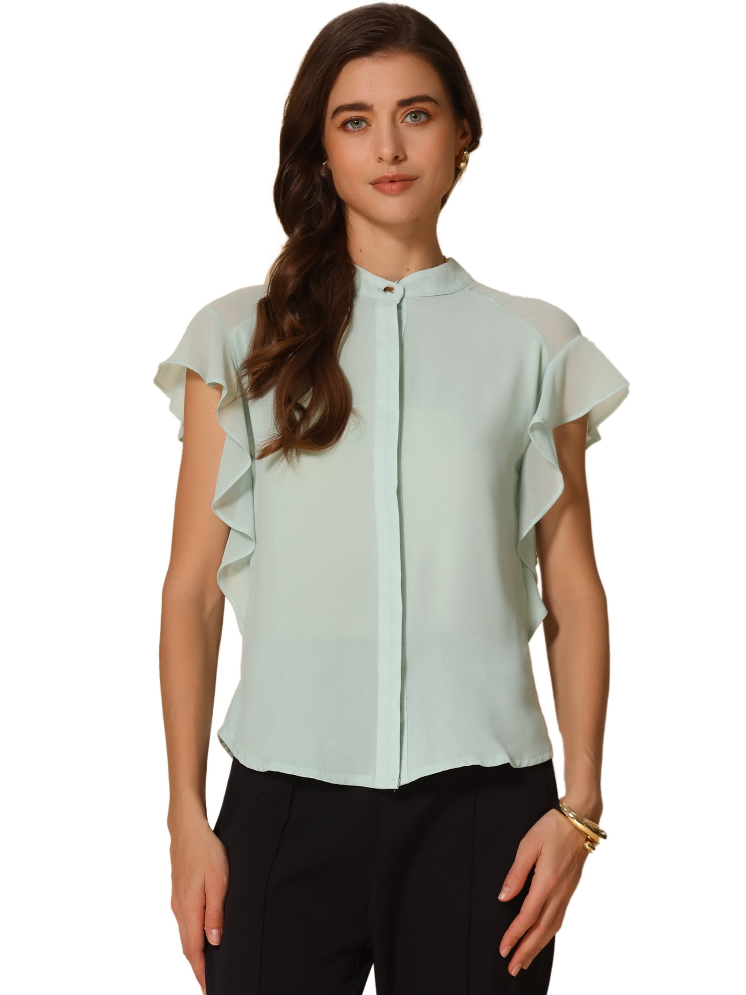 DARING DIVA Women's Stand Collar Ruffle Sleeve Blouse XL Green