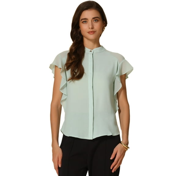 DARING DIVA Women's Stand Collar Ruffle Sleeve Blouse XL Green