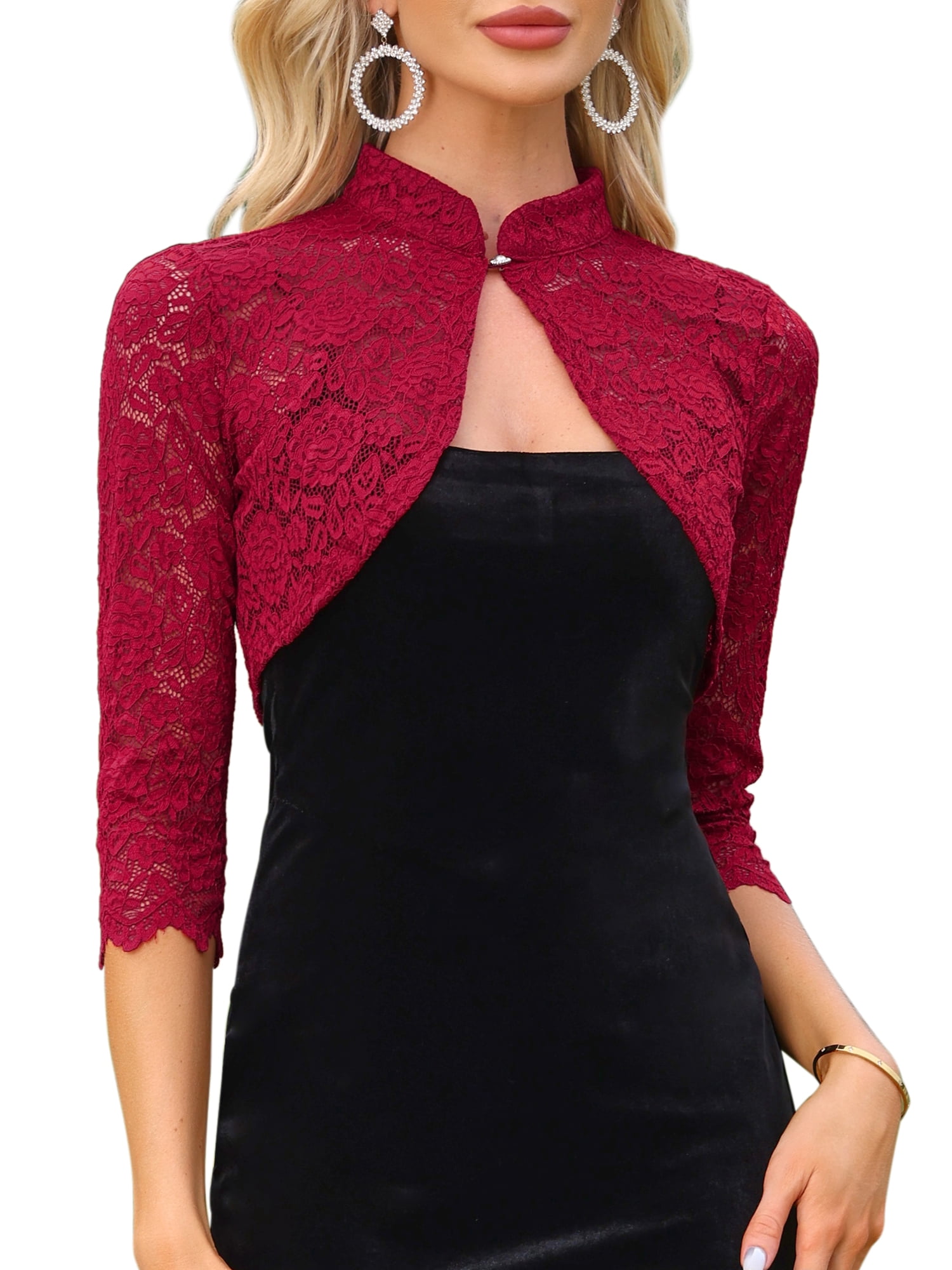 DARING DIVA Women's Stand Collar Sheer Floral Lace Bolero Shrug M Dark Red