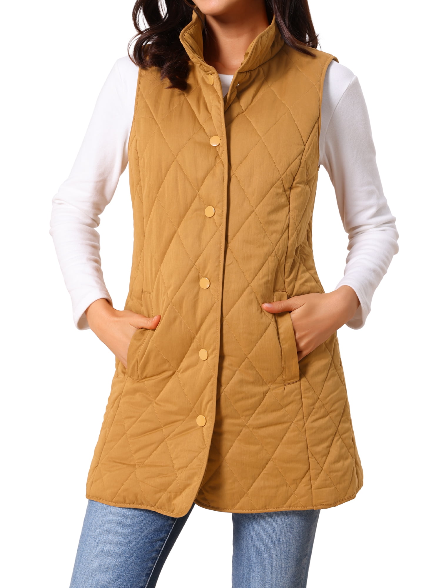 DARING DIVA Women's Stand Collar Sleeveless Puffy Jacket Lightweight Gilet L Brown