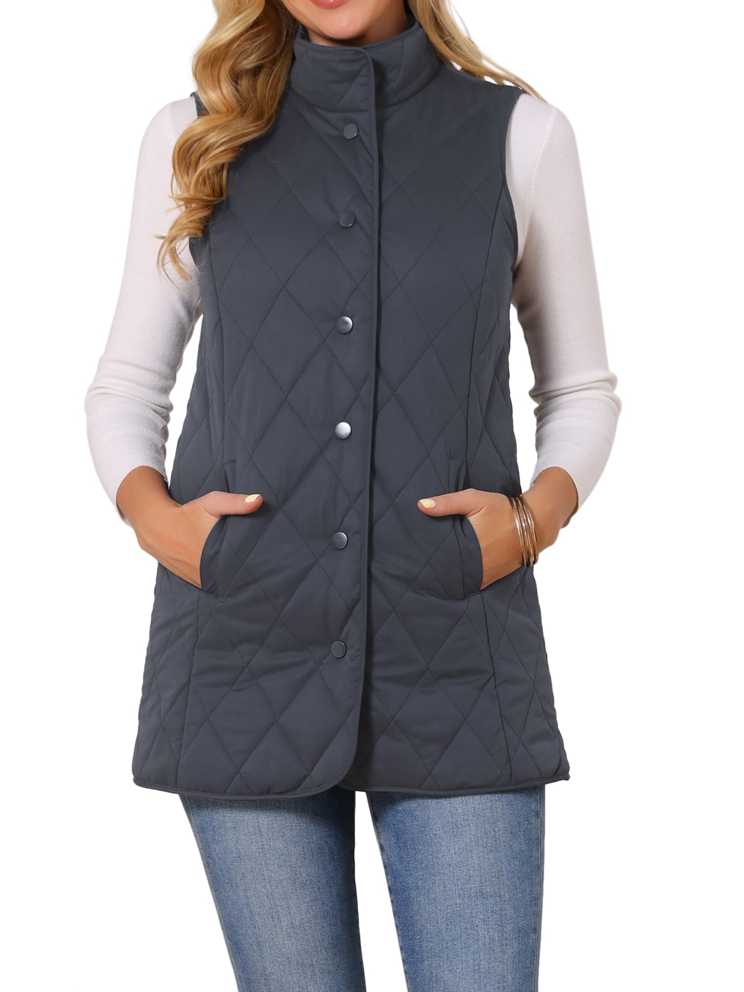 DARING DIVA Women's Stand Collar Sleeveless Puffy Jacket Lightweight Gilet M Dark Blue