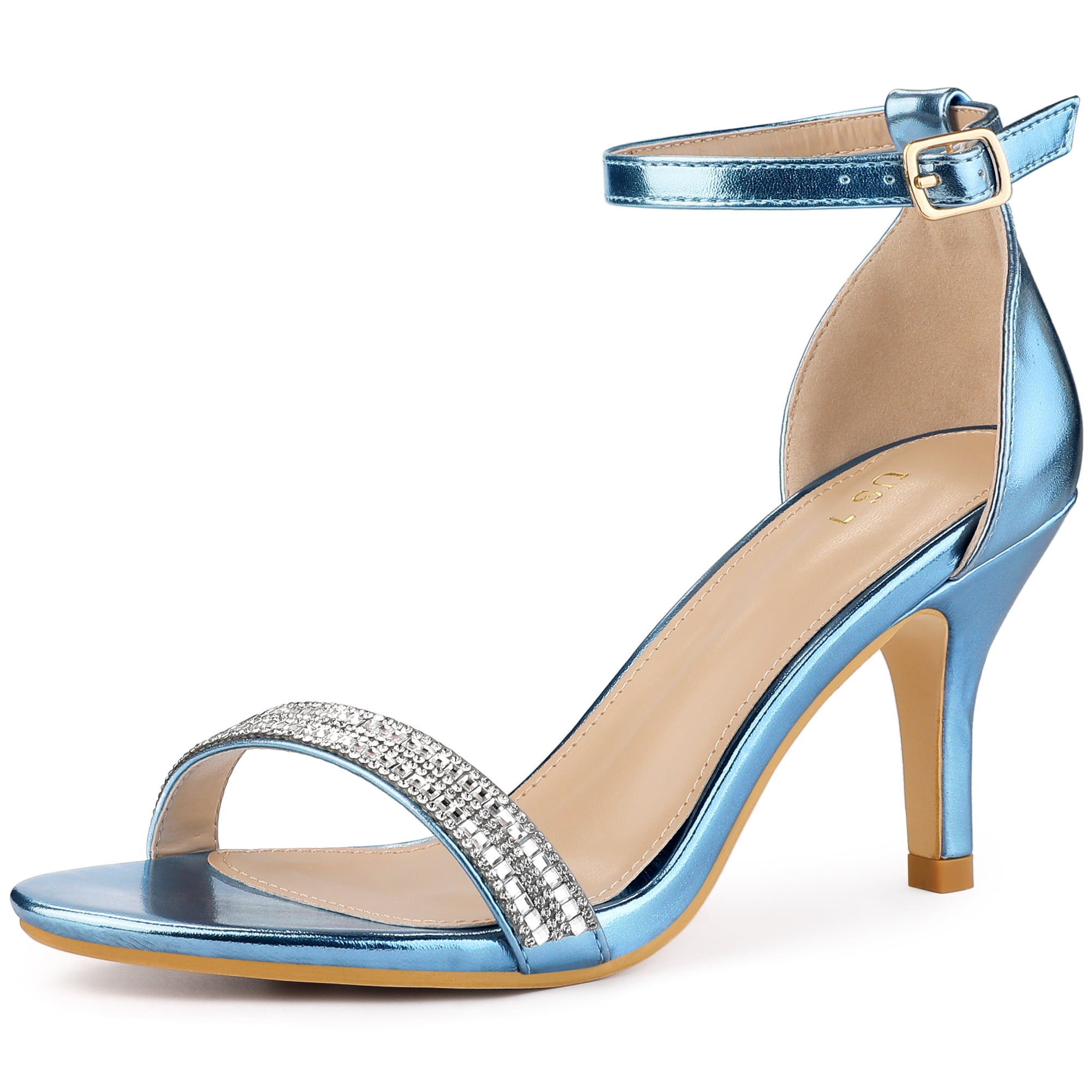DARING DIVA Women's Stiletto Heels Rhinestone Ankle Strap Open Toe Sandals Blue 8.5