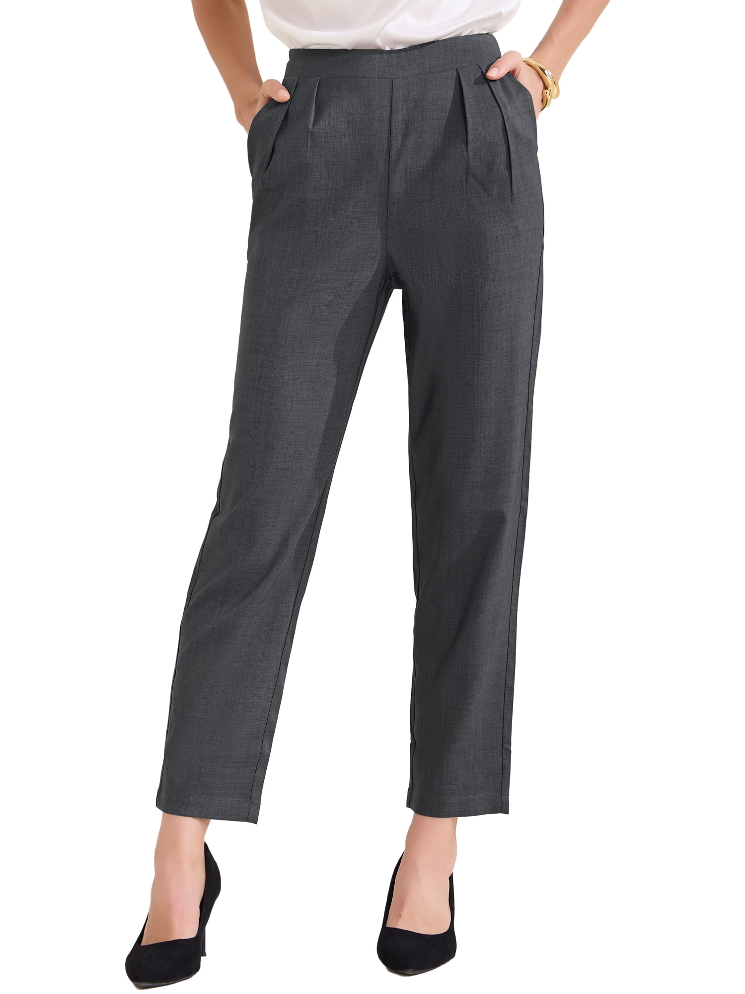 DARING DIVA Women's Straight Leg High Waist Cropped Pants with Slant Pockets XS Dark Grey