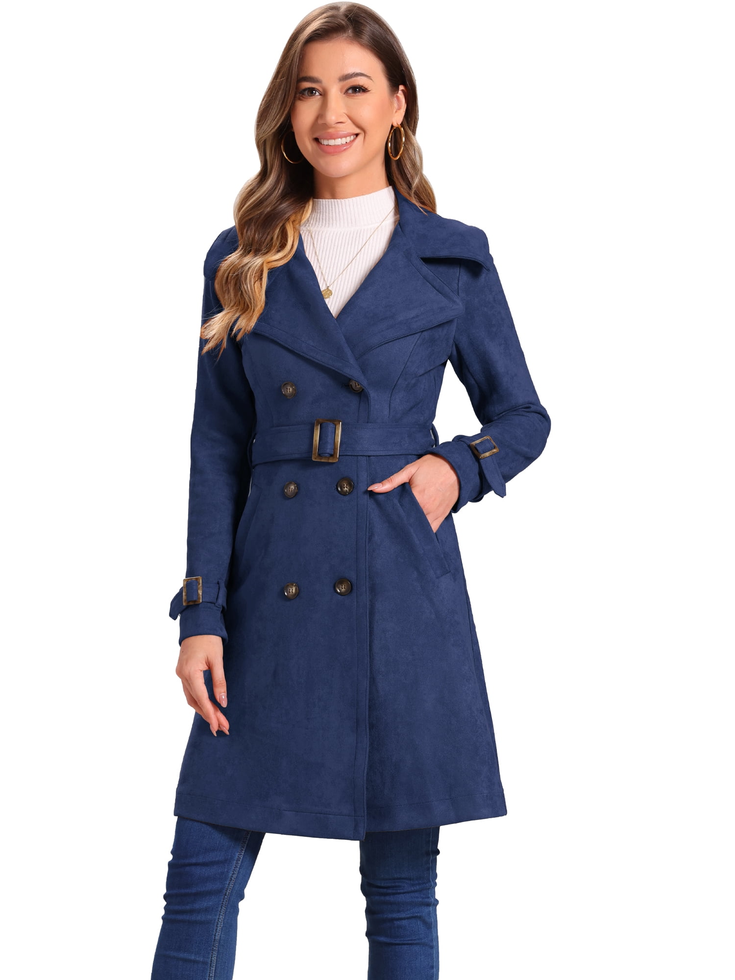 DARING DIVA Women's Strap Cuff Solid Double Breasted Tie Belt Trench Coats Dark Blue L