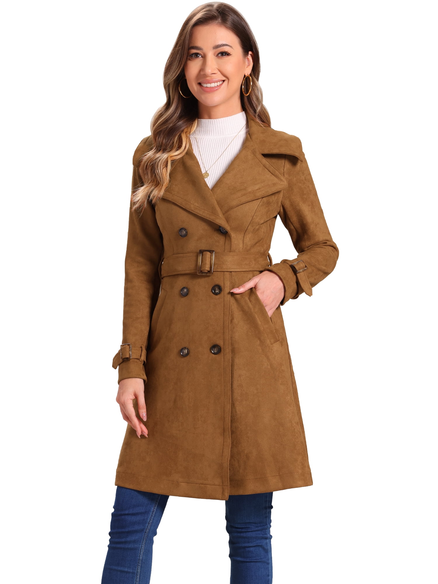 DARING DIVA Women's Strap Cuff Solid Double Breasted Tie Belt Trench Coats Dark Brown S