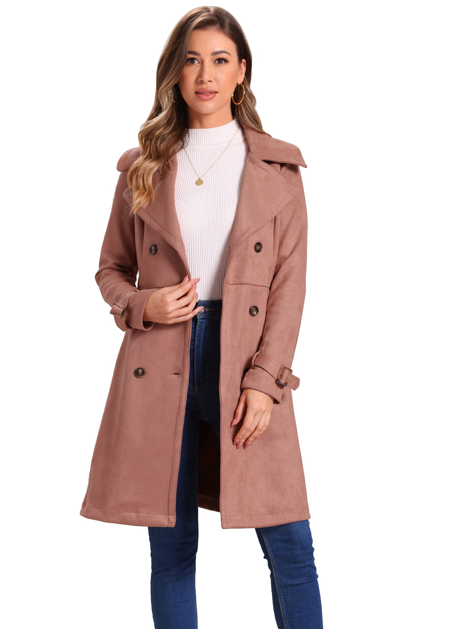 DARING DIVA Women's Strap Cuff Solid Double Breasted Tie Belt Trench Coats Dark Pink S
