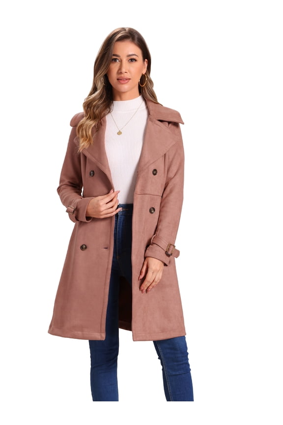 Women's Strap Cuff Solid Double Breasted Tie Belt Trench Coats Dark Pink S