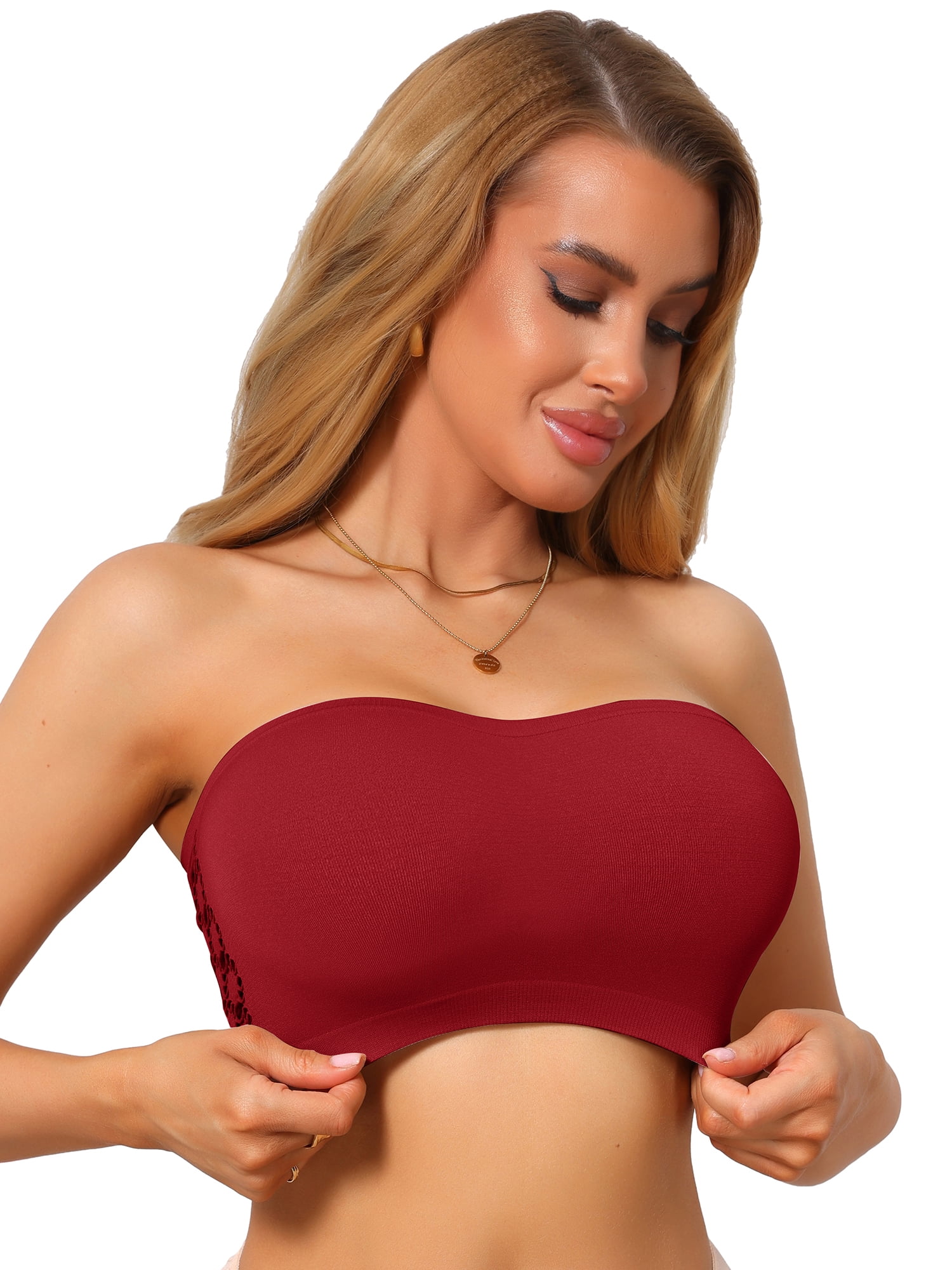DARING DIVA Women's Strapless Bandeau Bra Tube Top Lace Trim Hollow Out L Wine Red